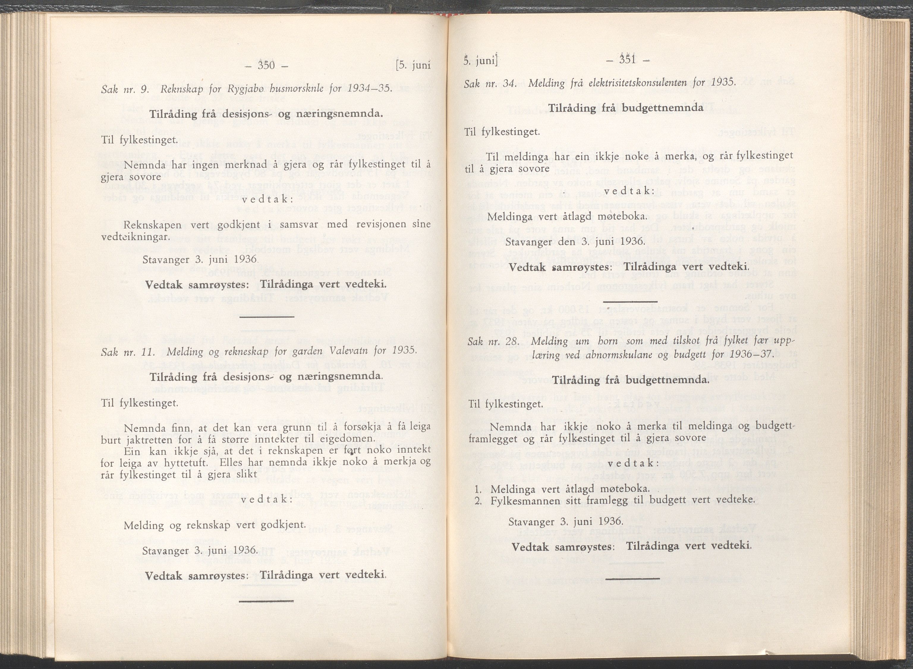 Rogaland fylkeskommune - Fylkesrådmannen , IKAR/A-900/A/Aa/Aaa/L0055: Møtebok , 1936, p. 350-351