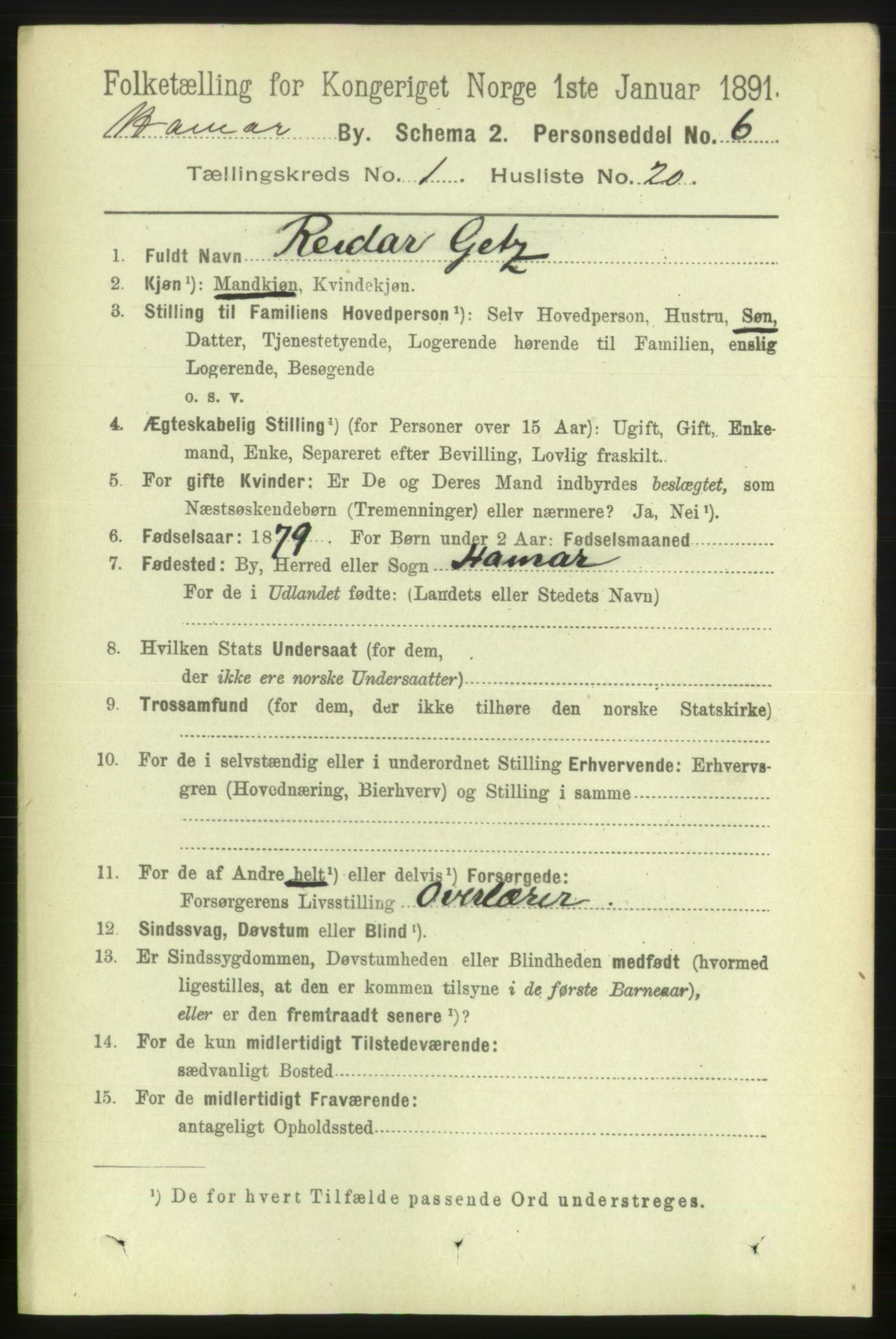 RA, 1891 census for 0401 Hamar, 1891, p. 280