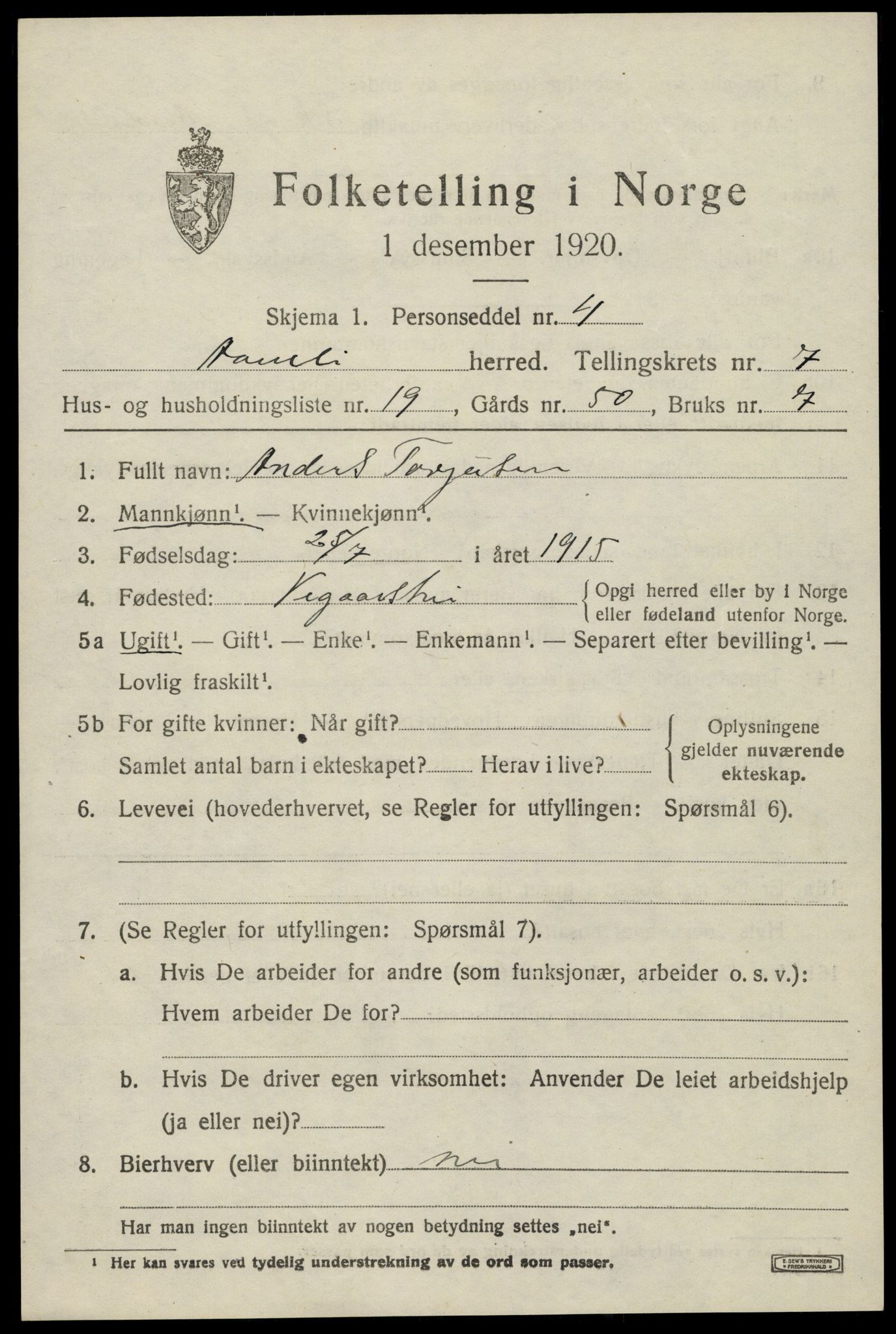 SAK, 1920 census for Åmli, 1920, p. 3171