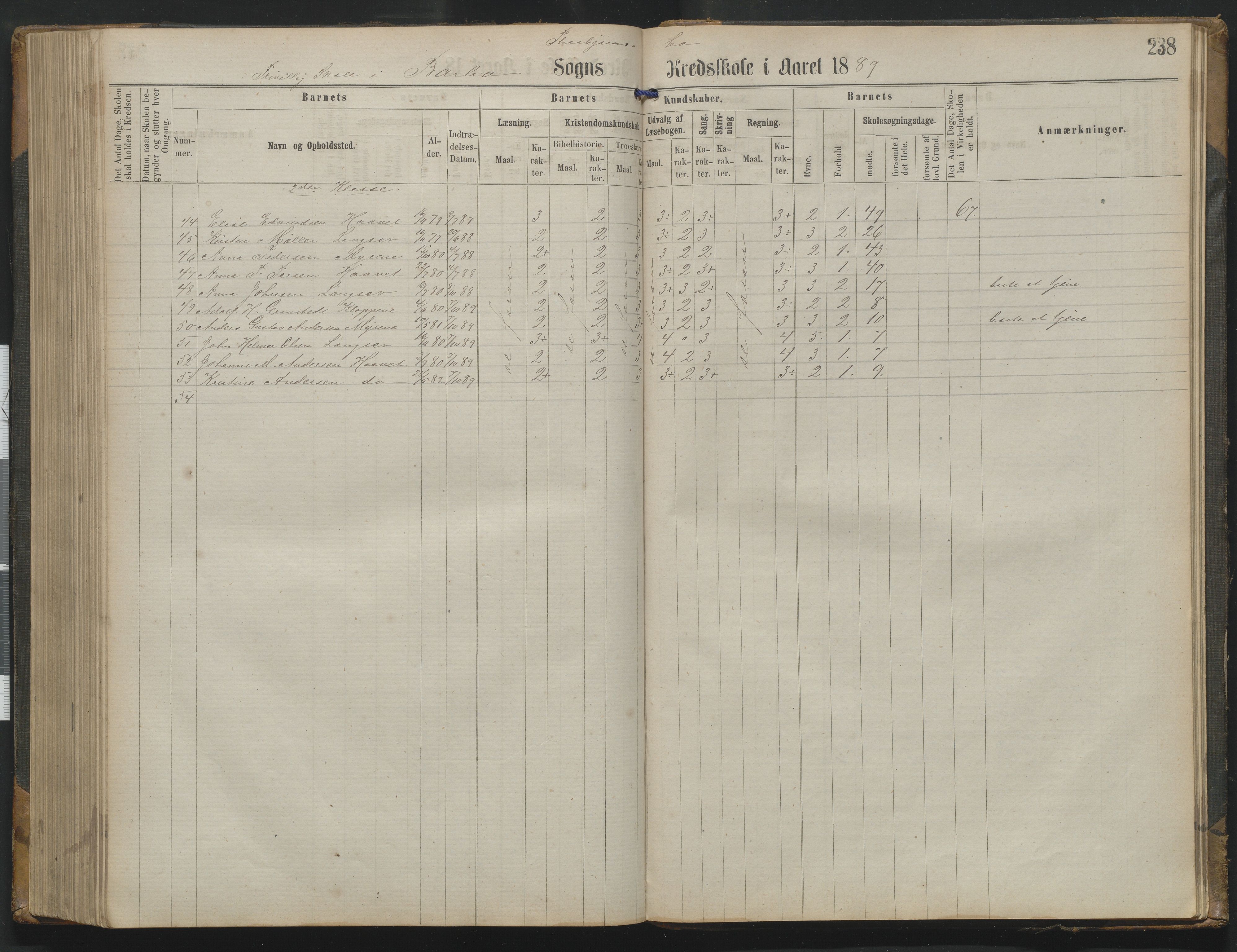 Arendal kommune, Katalog I, AAKS/KA0906-PK-I/07/L0342: Protokoll Torbjørnsbu skole, 1869-1890, p. 238