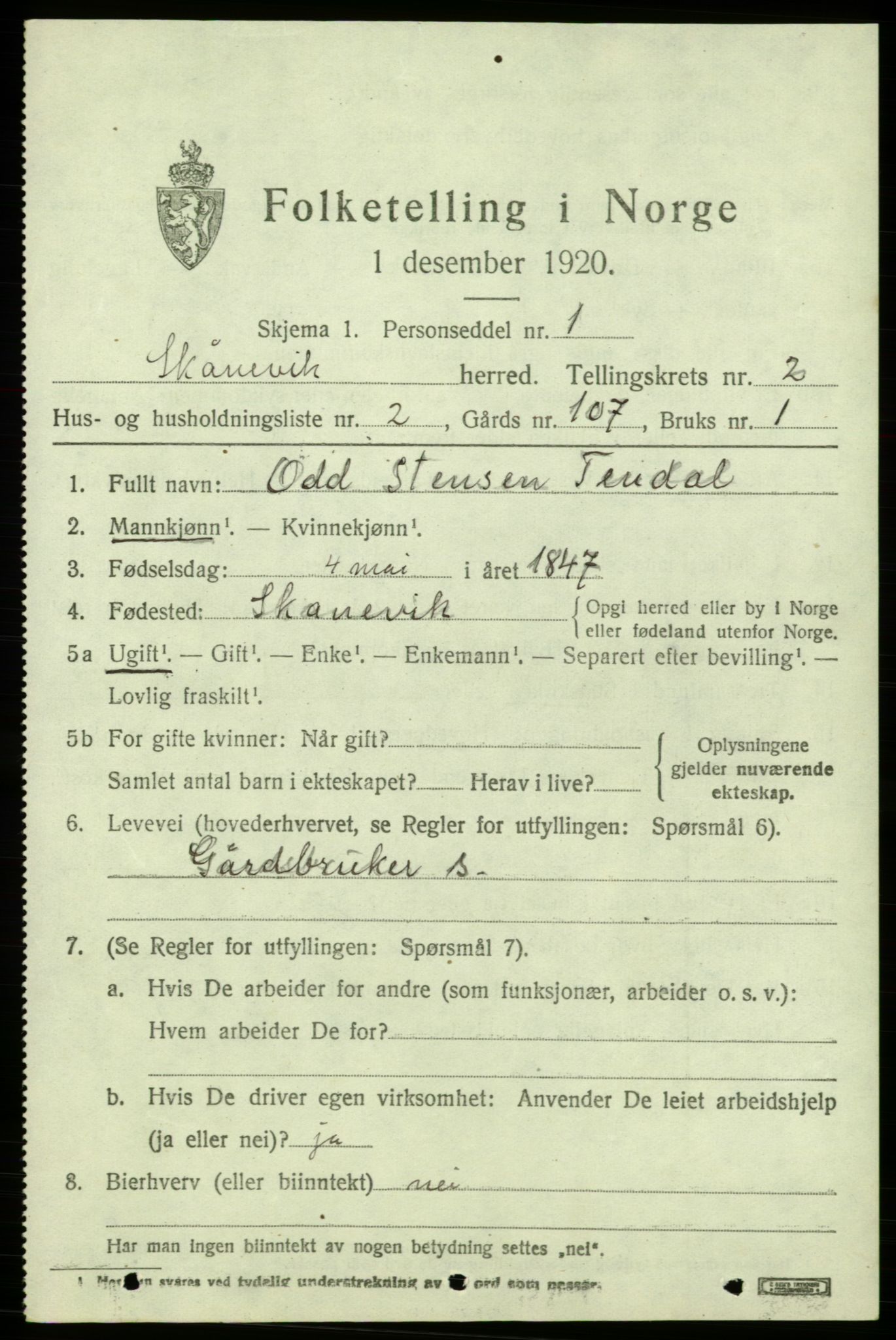 SAB, 1920 census for Skånevik, 1920, p. 2479