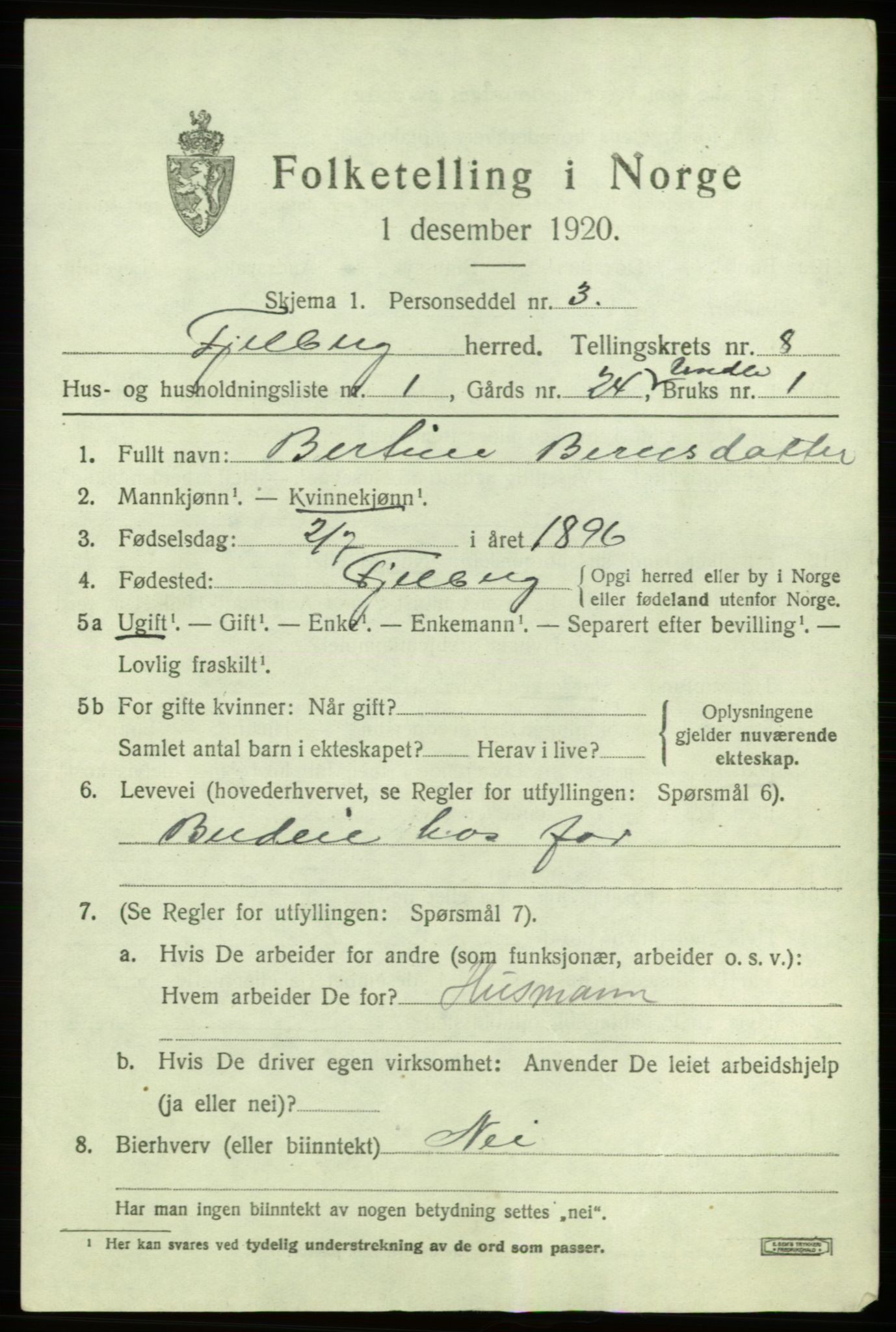 SAB, 1920 census for Fjelberg, 1920, p. 3283