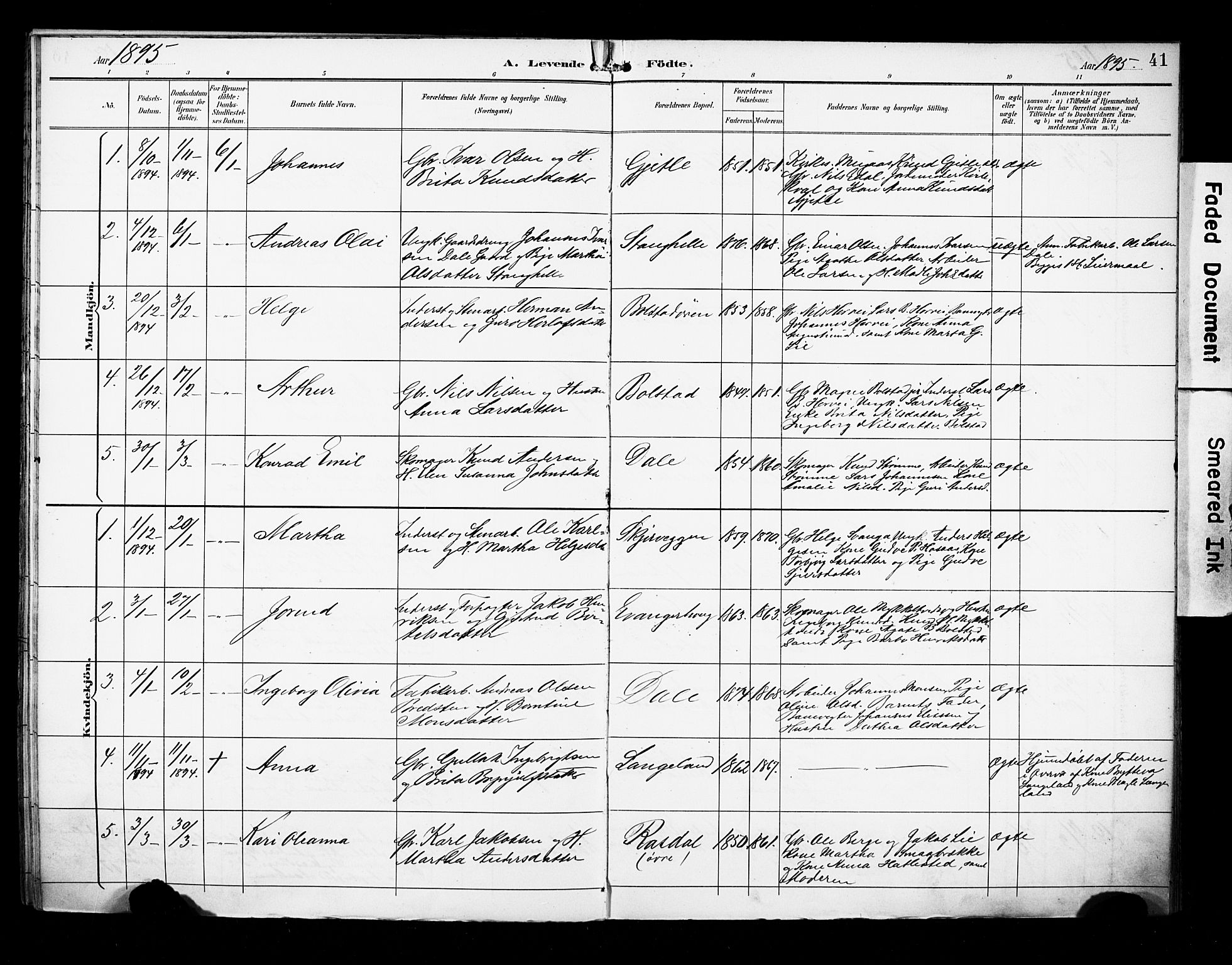 Evanger sokneprestembete, SAB/A-99924: Parish register (official) no. A 2, 1892-1899, p. 41