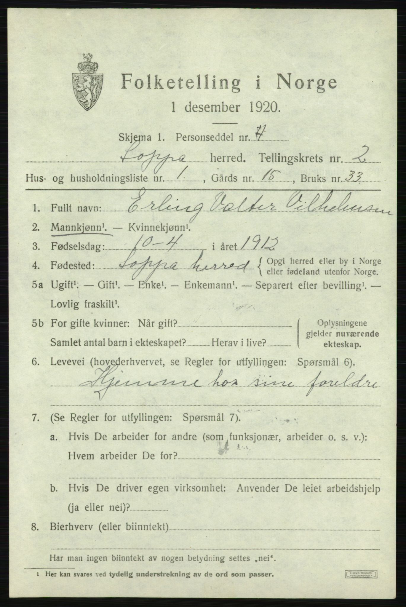 SATØ, 1920 census for Loppa, 1920, p. 824