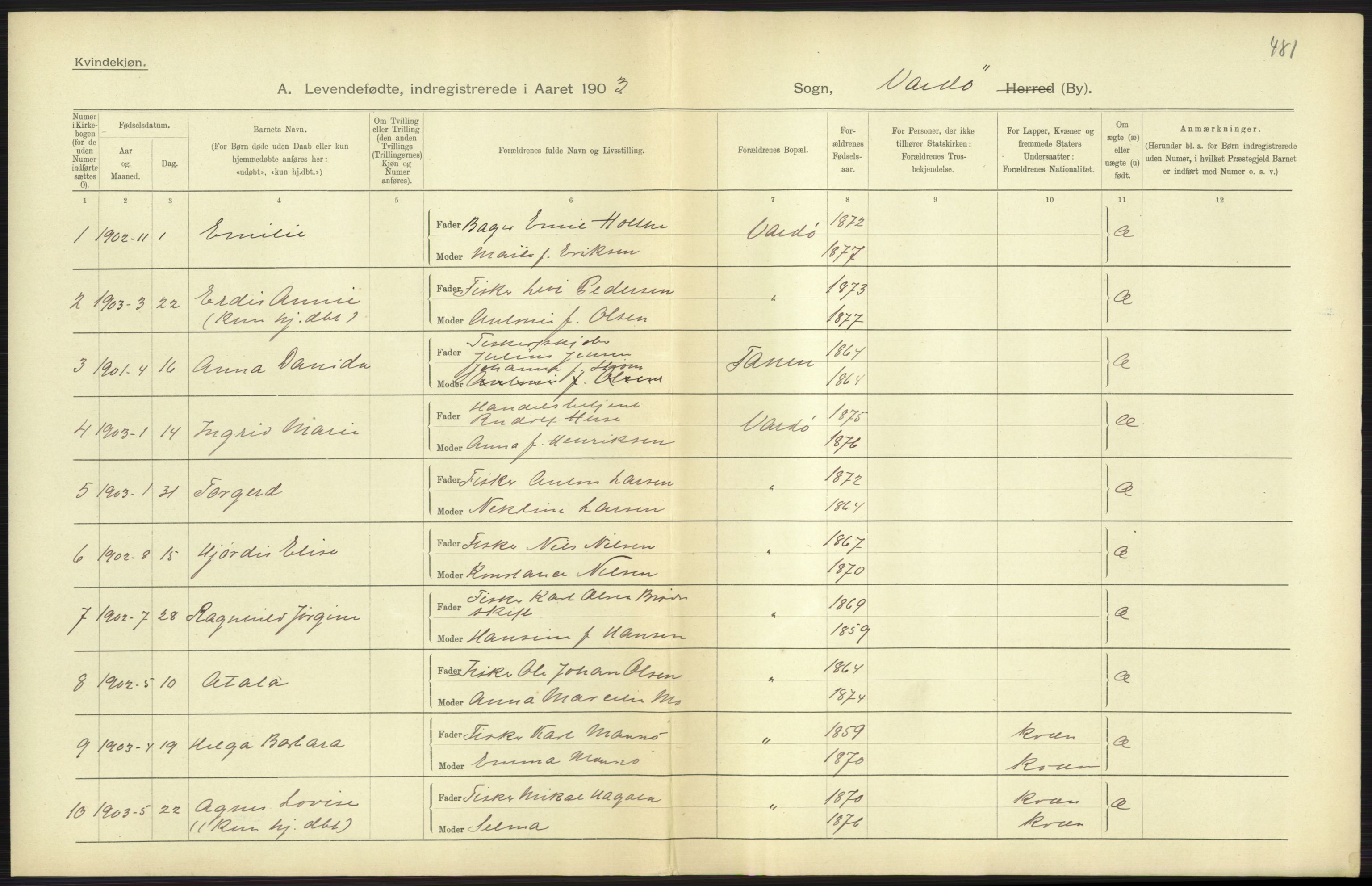 Statistisk sentralbyrå, Sosiodemografiske emner, Befolkning, AV/RA-S-2228/D/Df/Dfa/Dfaa/L0022: Finnmarkens amt: Fødte, gifte, døde., 1903, p. 143