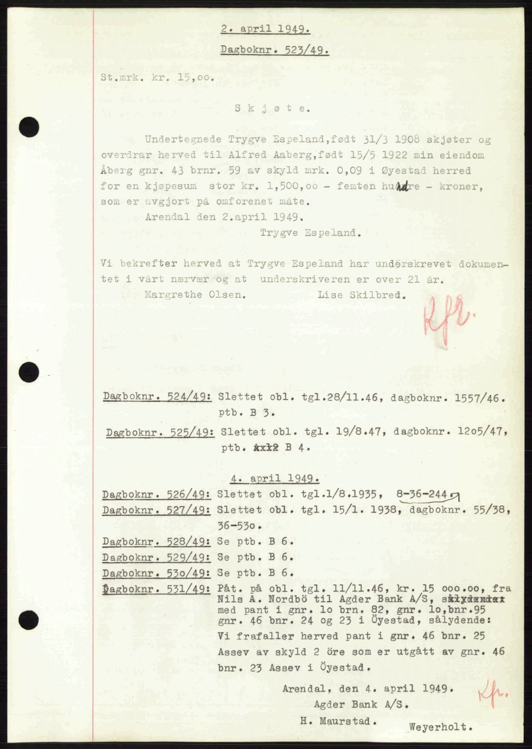 Nedenes sorenskriveri, SAK/1221-0006/G/Gb/Gba/L0060: Mortgage book no. A12, 1948-1949, Diary no: : 523/1949