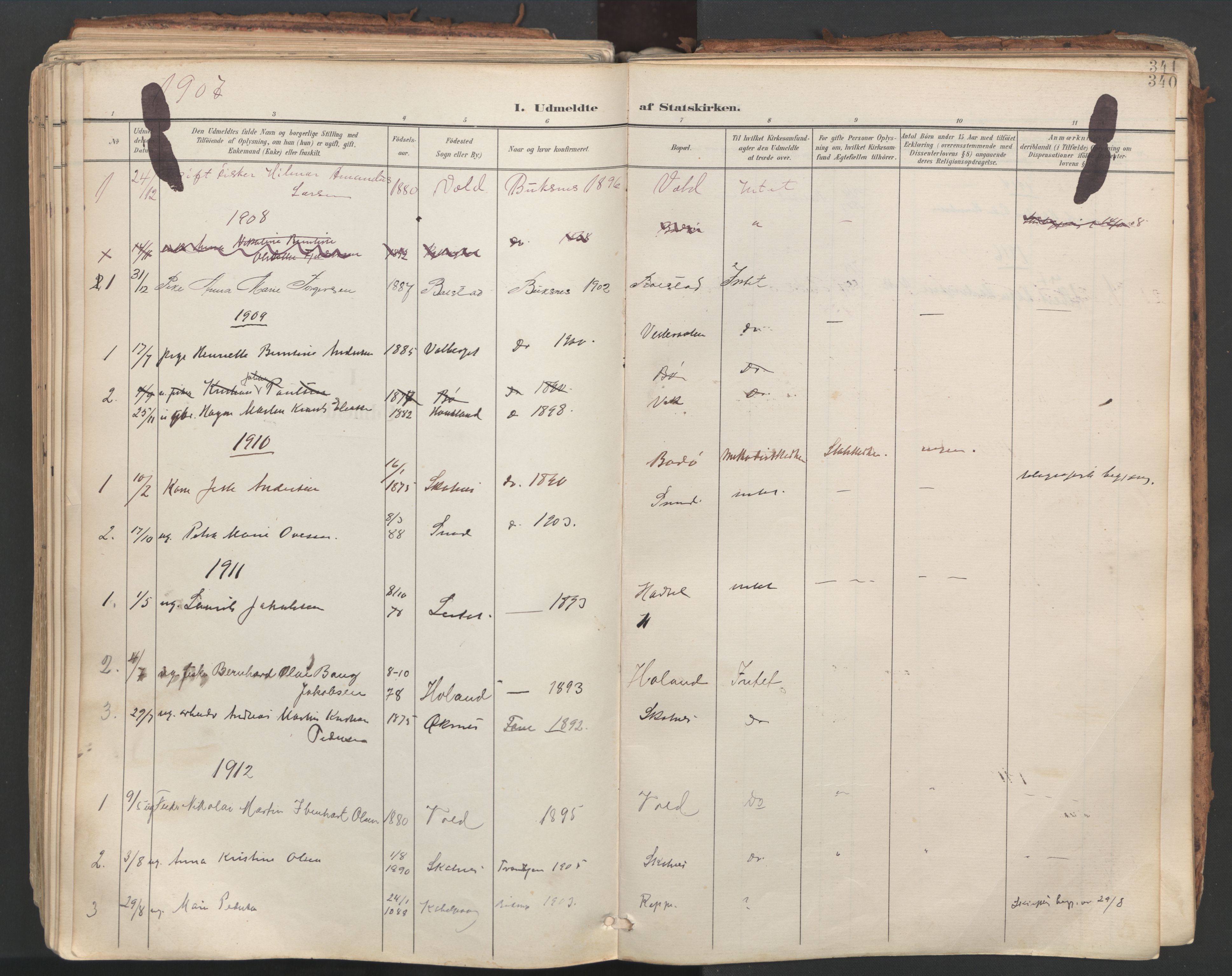 Ministerialprotokoller, klokkerbøker og fødselsregistre - Nordland, SAT/A-1459/881/L1154: Parish register (official) no. 881A07, 1907-1918, p. 340