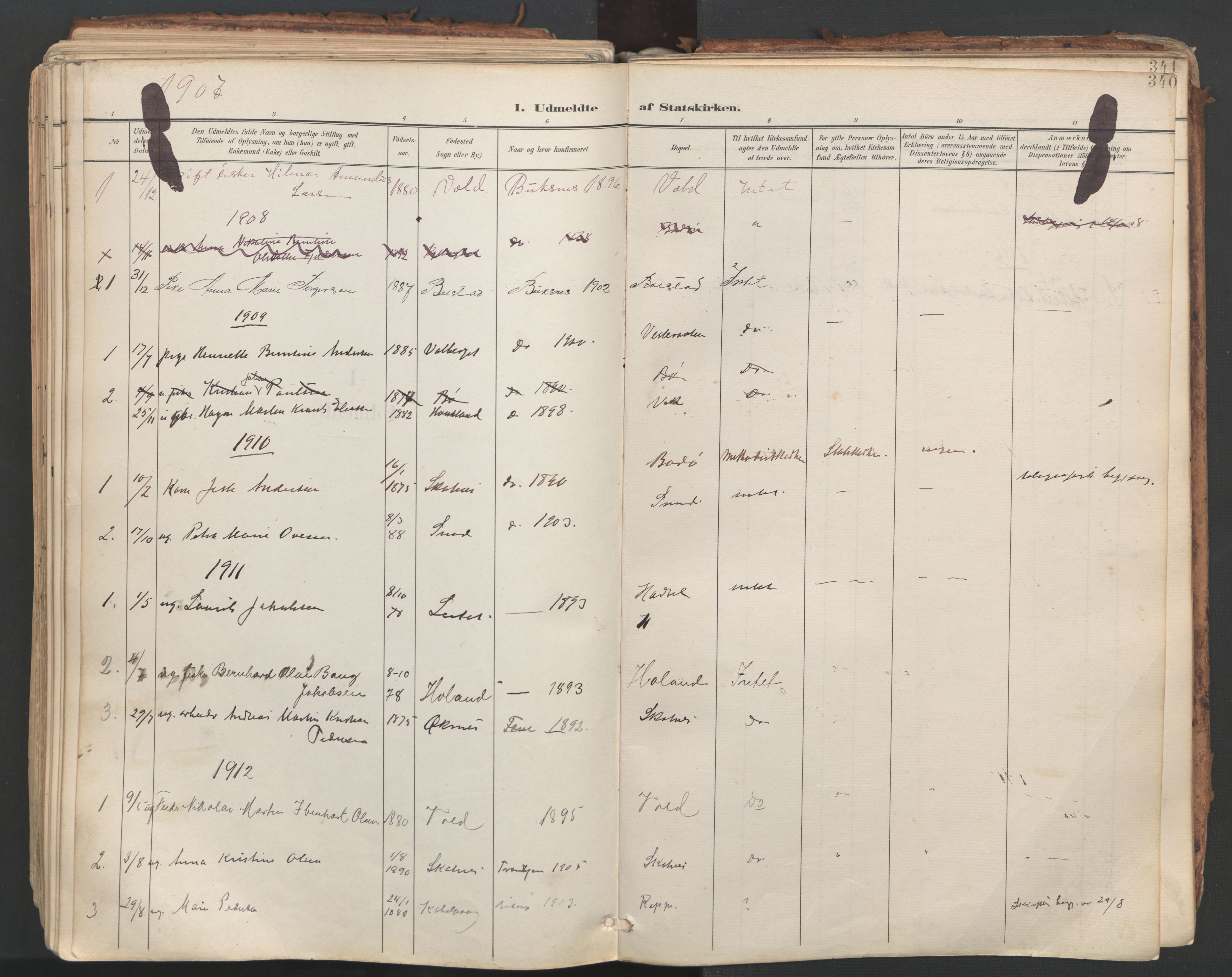 Ministerialprotokoller, klokkerbøker og fødselsregistre - Nordland, AV/SAT-A-1459/881/L1154: Parish register (official) no. 881A07, 1907-1918, p. 340