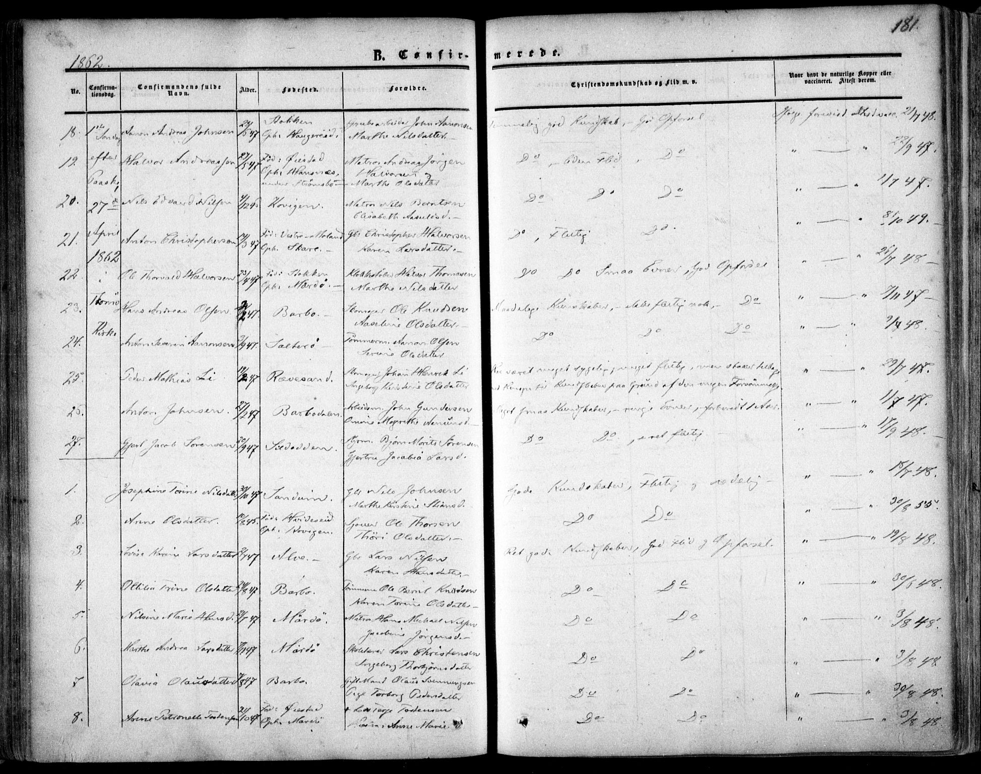 Tromøy sokneprestkontor, AV/SAK-1111-0041/F/Fa/L0006: Parish register (official) no. A 6, 1855-1863, p. 181