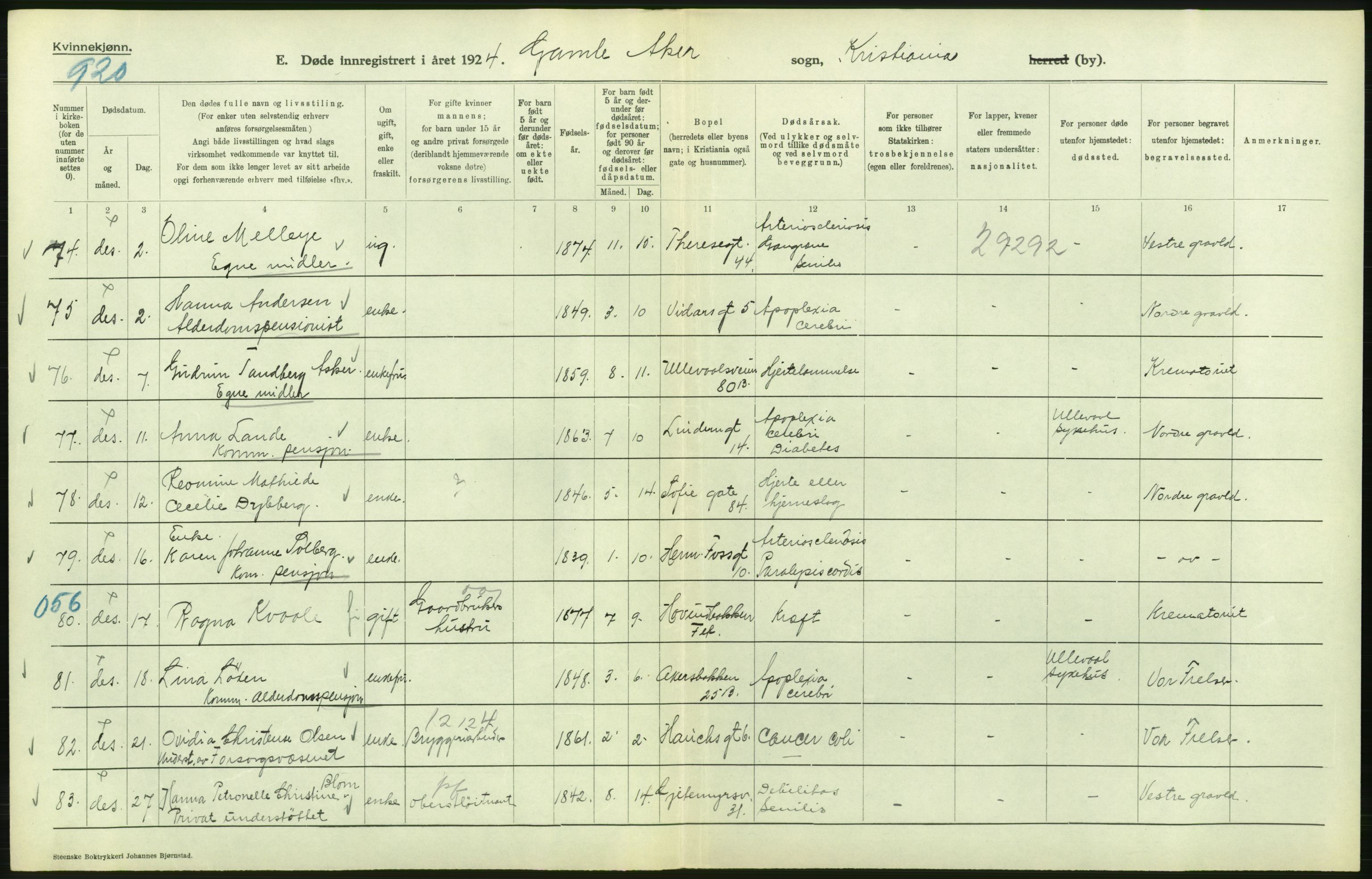 Statistisk sentralbyrå, Sosiodemografiske emner, Befolkning, AV/RA-S-2228/D/Df/Dfc/Dfcd/L0009: Kristiania: Døde kvinner, dødfødte, 1924, p. 218