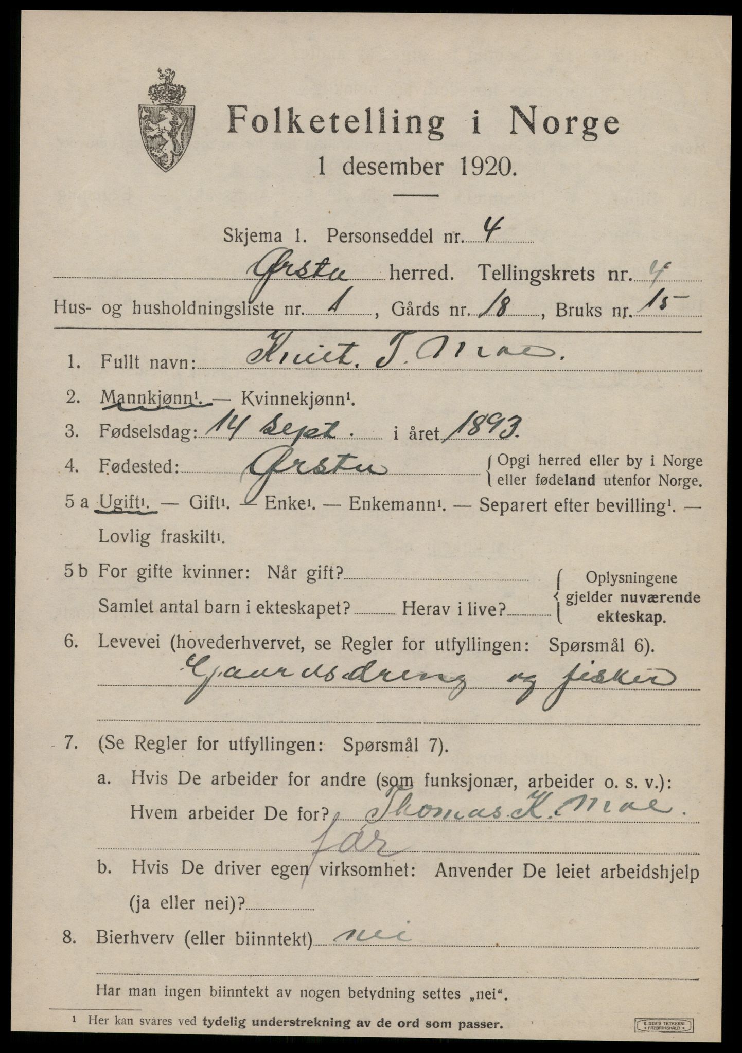 SAT, 1920 census for Ørsta, 1920, p. 3958