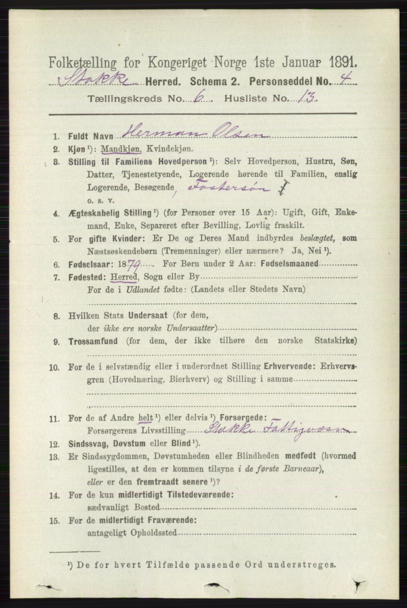 RA, 1891 census for 0720 Stokke, 1891, p. 3872