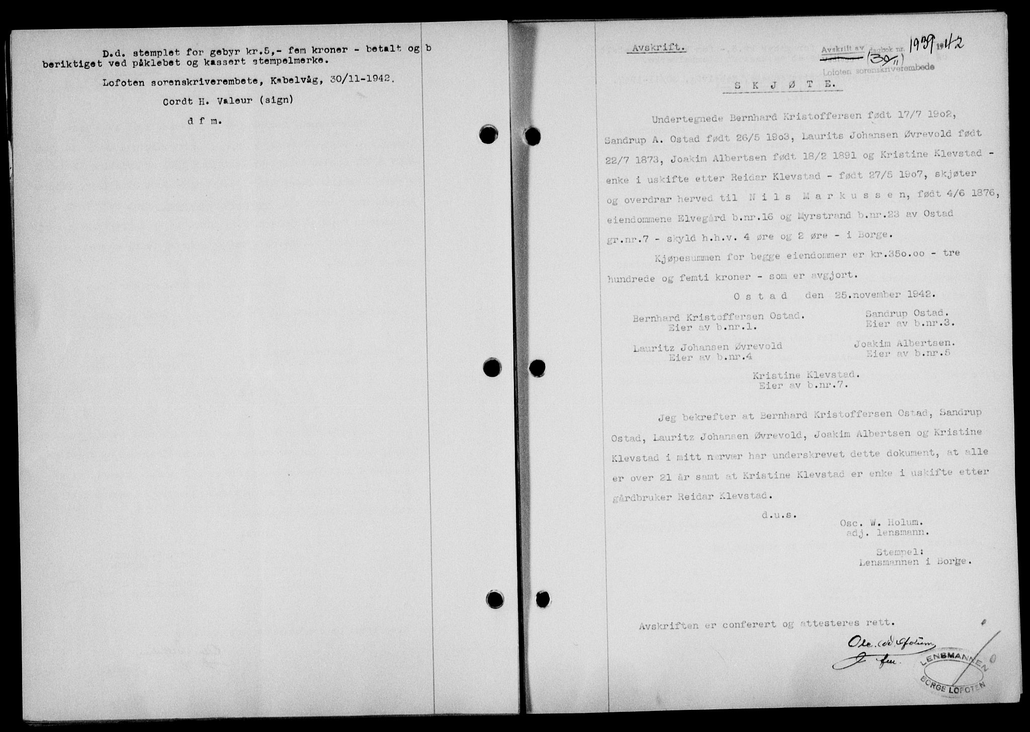 Lofoten sorenskriveri, SAT/A-0017/1/2/2C/L0010a: Mortgage book no. 10a, 1942-1943, Diary no: : 1939/1942
