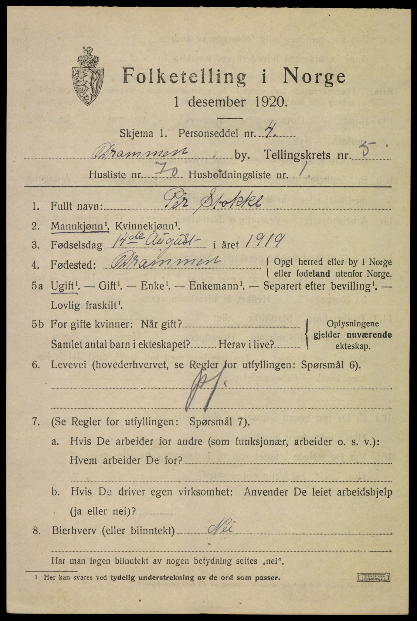 SAKO, 1920 census for Drammen, 1920, p. 37637