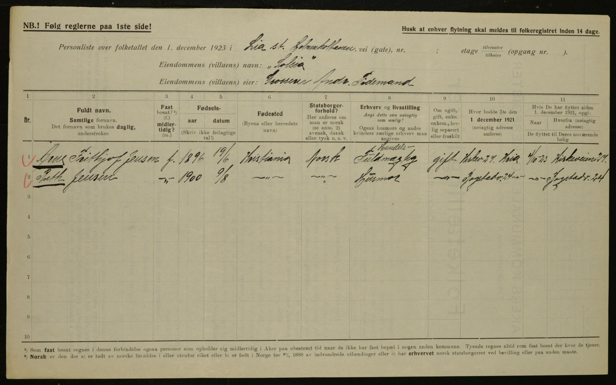 , Municipal Census 1923 for Aker, 1923, p. 14354