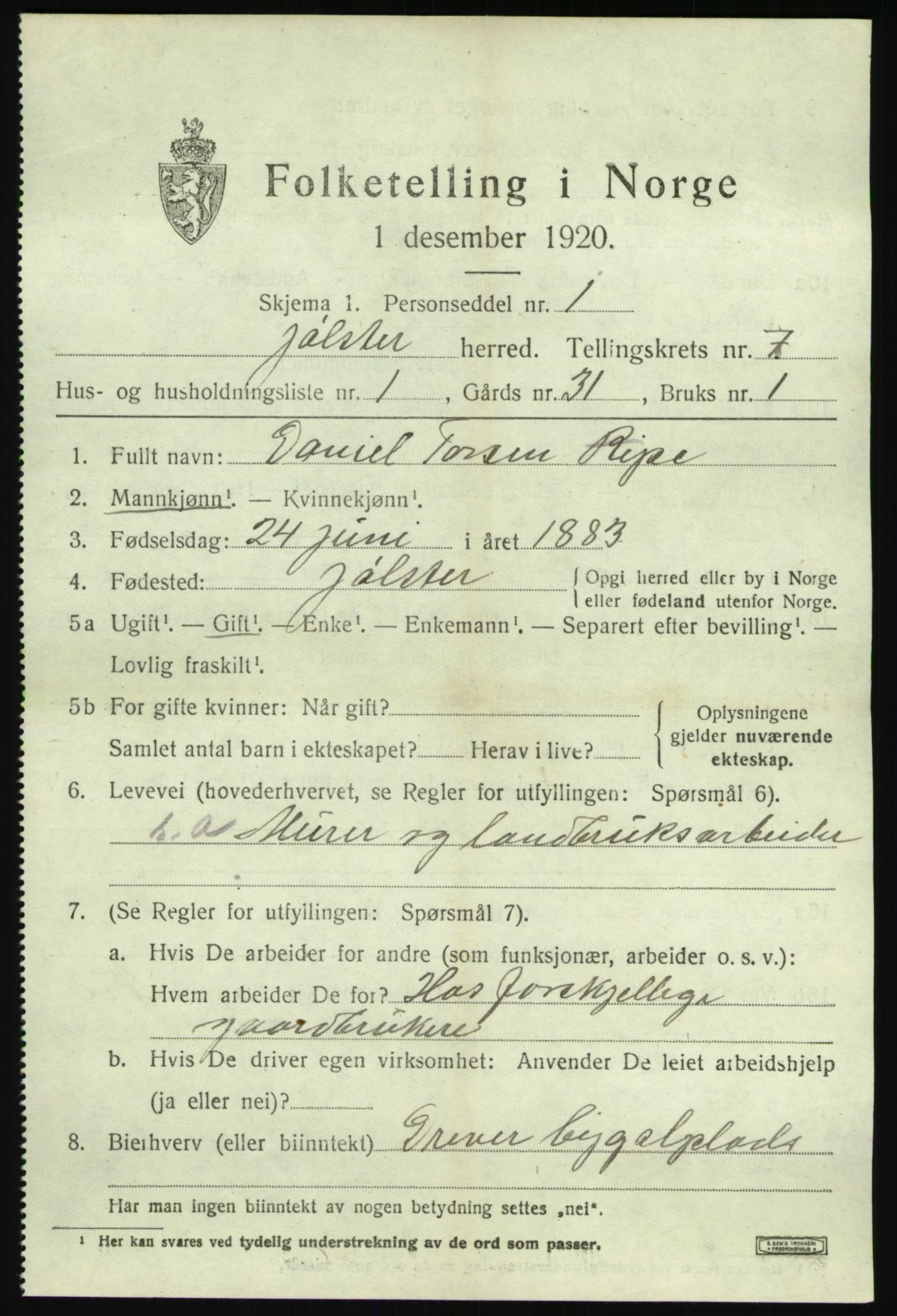 SAB, 1920 census for Jølster, 1920, p. 3580