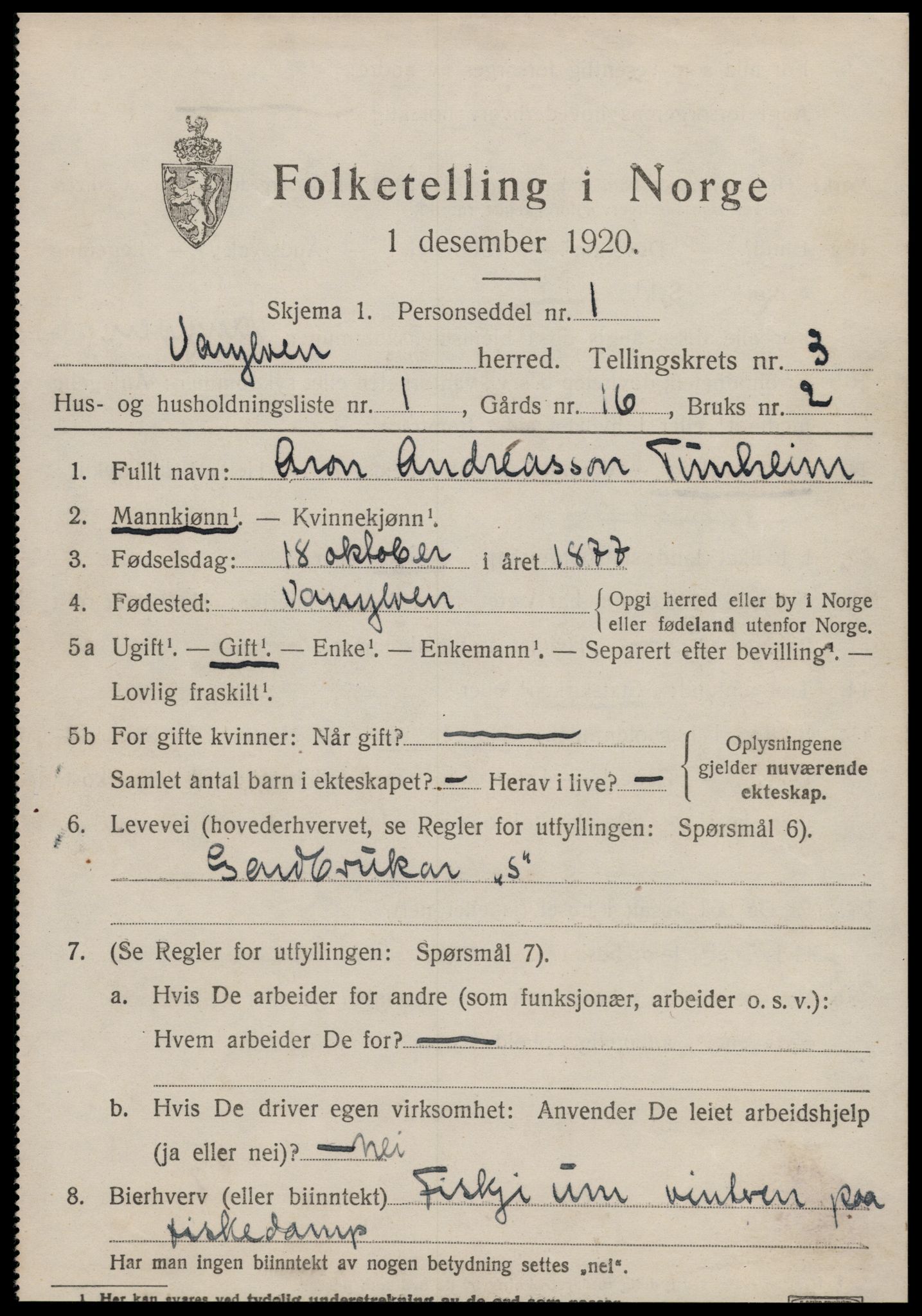 SAT, 1920 census for Vanylven, 1920, p. 1829
