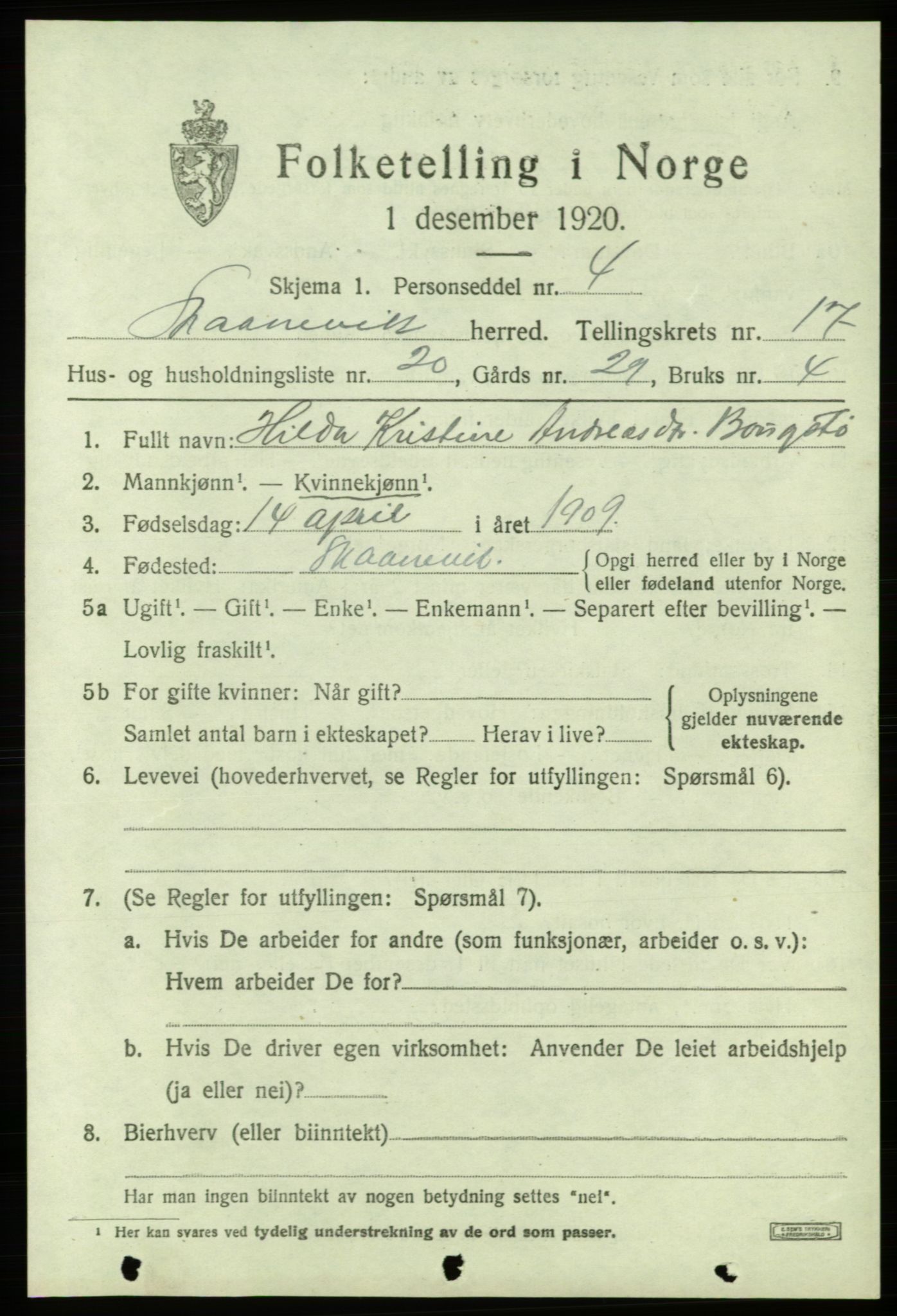 SAB, 1920 census for Skånevik, 1920, p. 6817