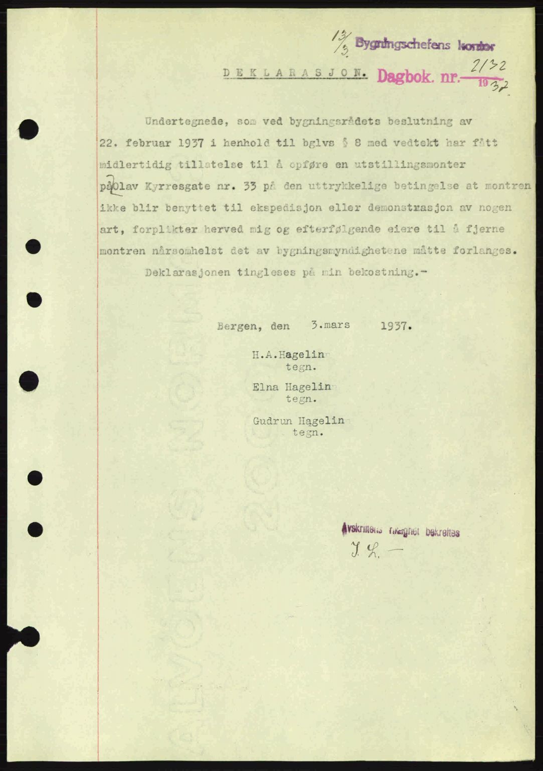 Byfogd og Byskriver i Bergen, SAB/A-3401/03/03Bc/L0004: Mortgage book no. A3-4, 1936-1937, Diary no: : 2132/1937