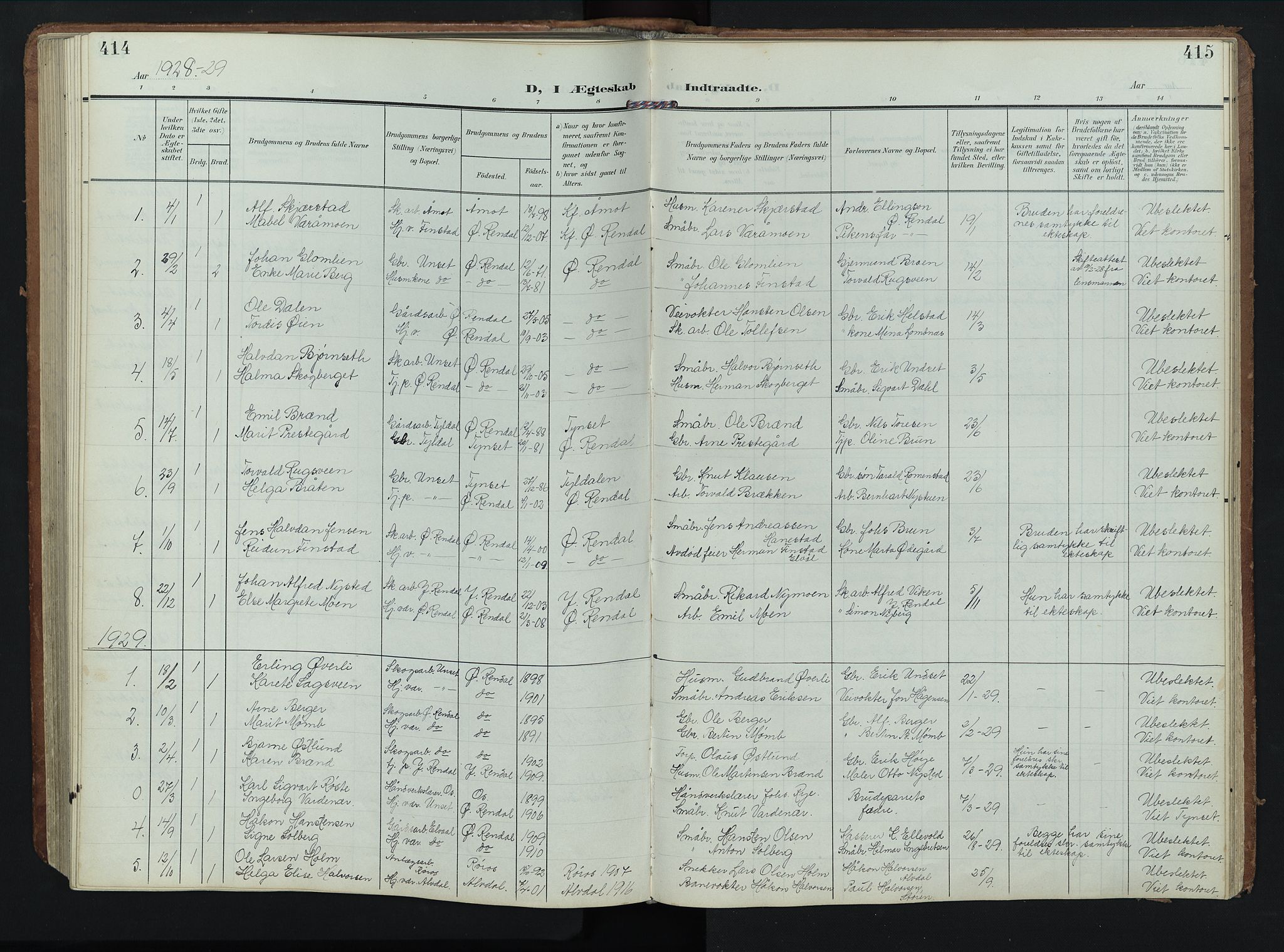 Rendalen prestekontor, SAH/PREST-054/H/Ha/Hab/L0004: Parish register (copy) no. 4, 1904-1946, p. 414-415