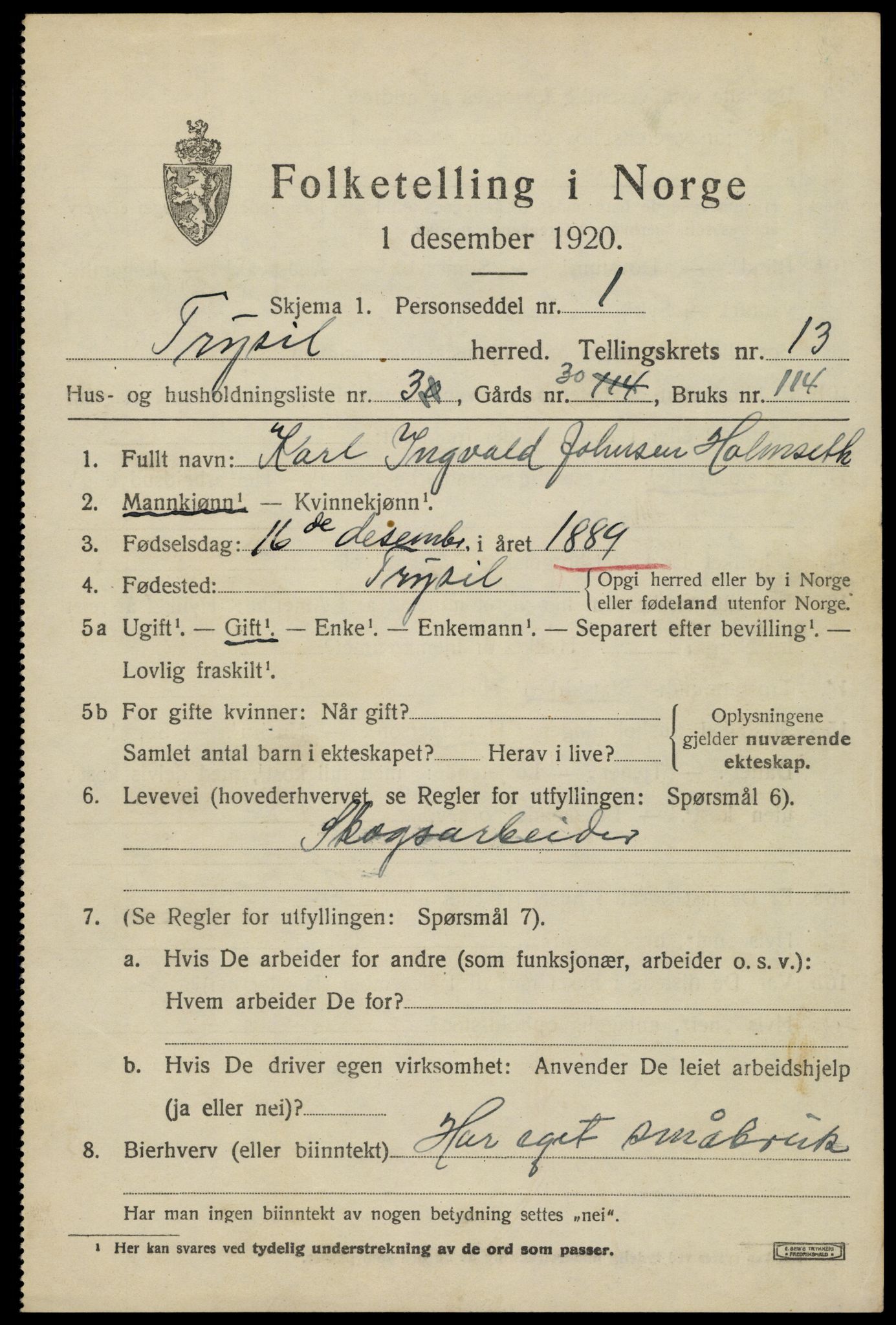 SAH, 1920 census for Trysil, 1920, p. 7645