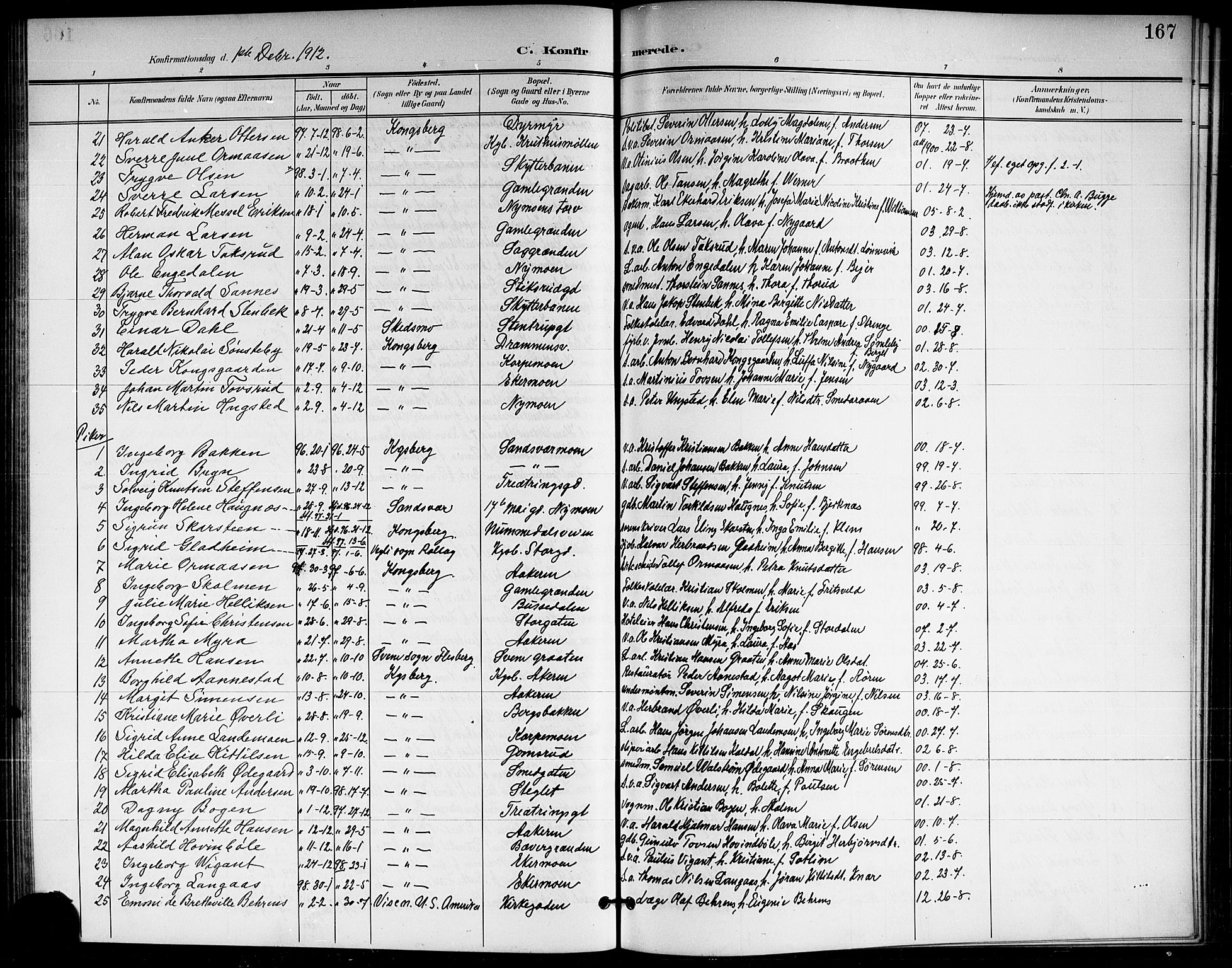 Kongsberg kirkebøker, SAKO/A-22/G/Ga/L0007: Parish register (copy) no. 7, 1901-1915, p. 167