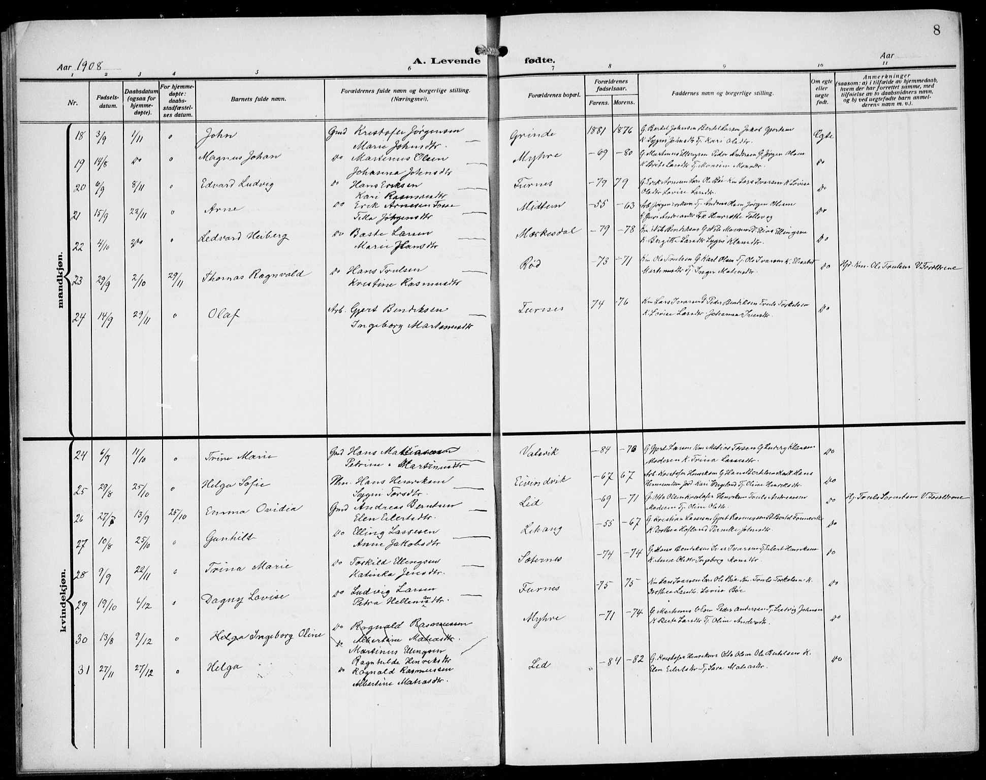 Gulen sokneprestembete, AV/SAB-A-80201/H/Hab/Habb/L0004: Parish register (copy) no. B 4, 1908-1936, p. 8