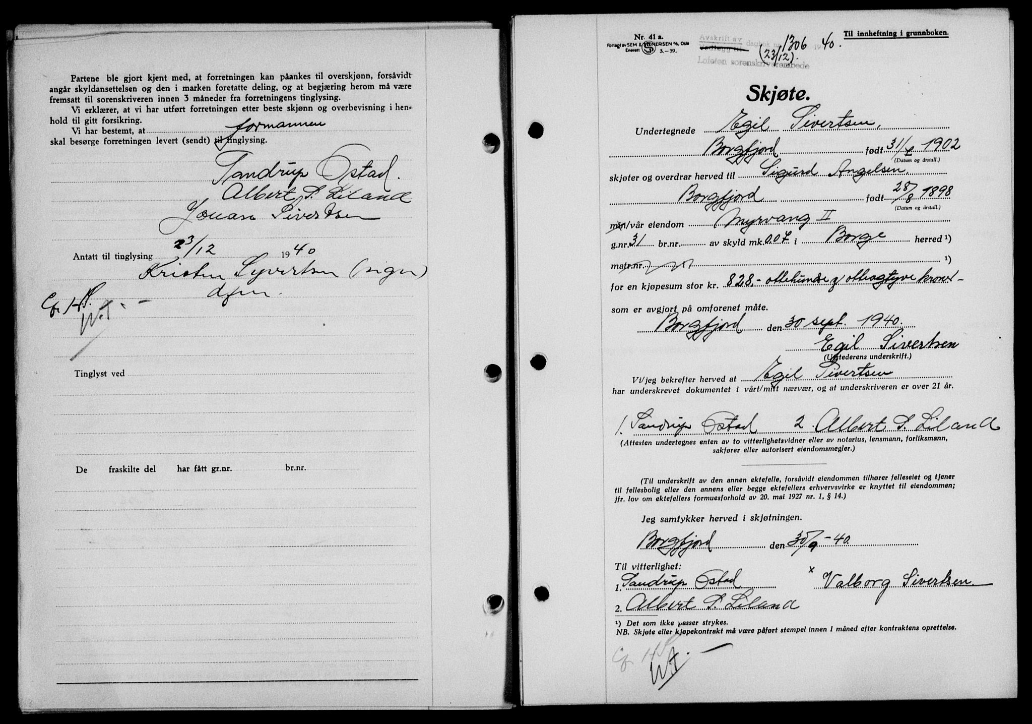 Lofoten sorenskriveri, SAT/A-0017/1/2/2C/L0008a: Mortgage book no. 8a, 1940-1941, Diary no: : 1306/1940
