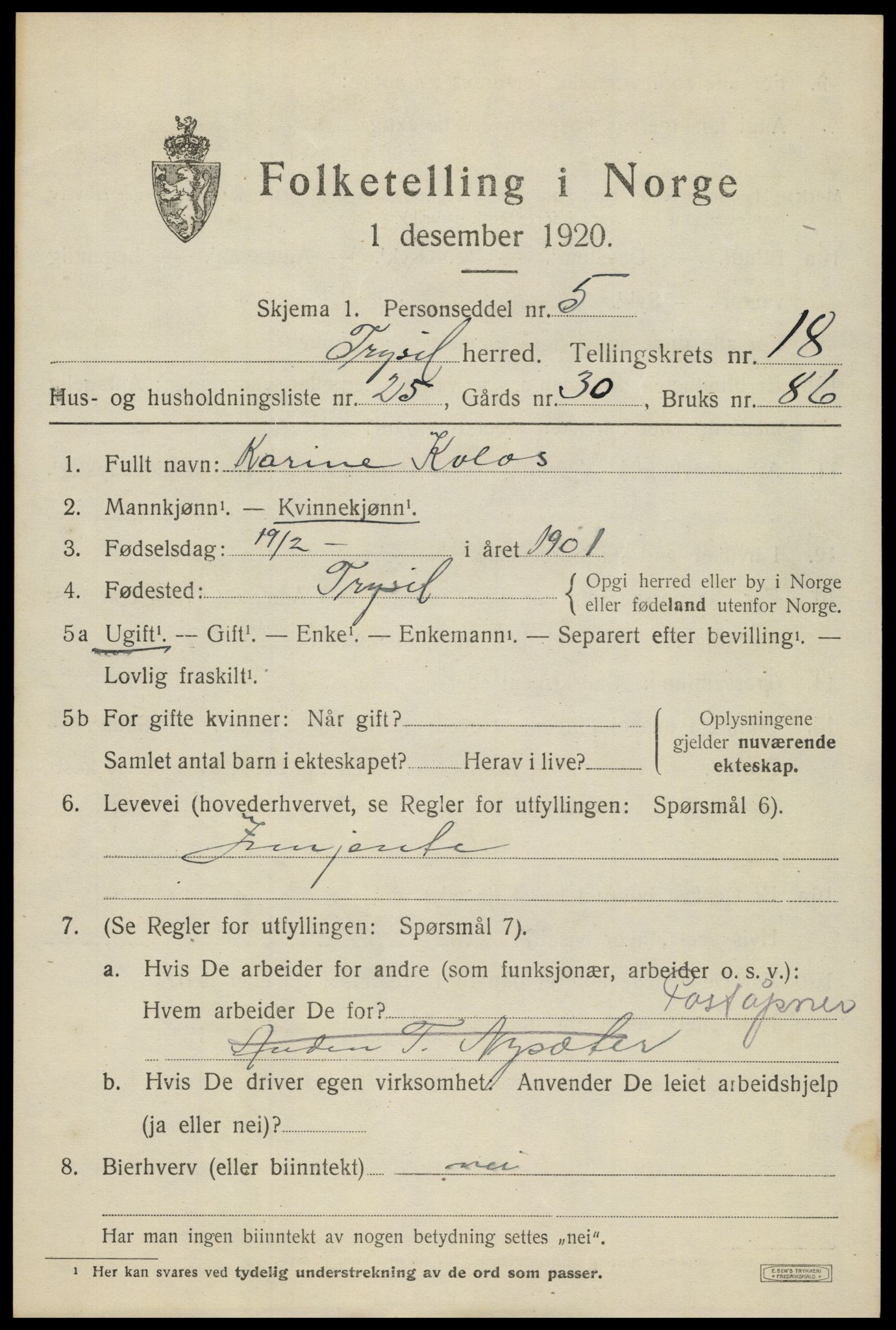 SAH, 1920 census for Trysil, 1920, p. 12179