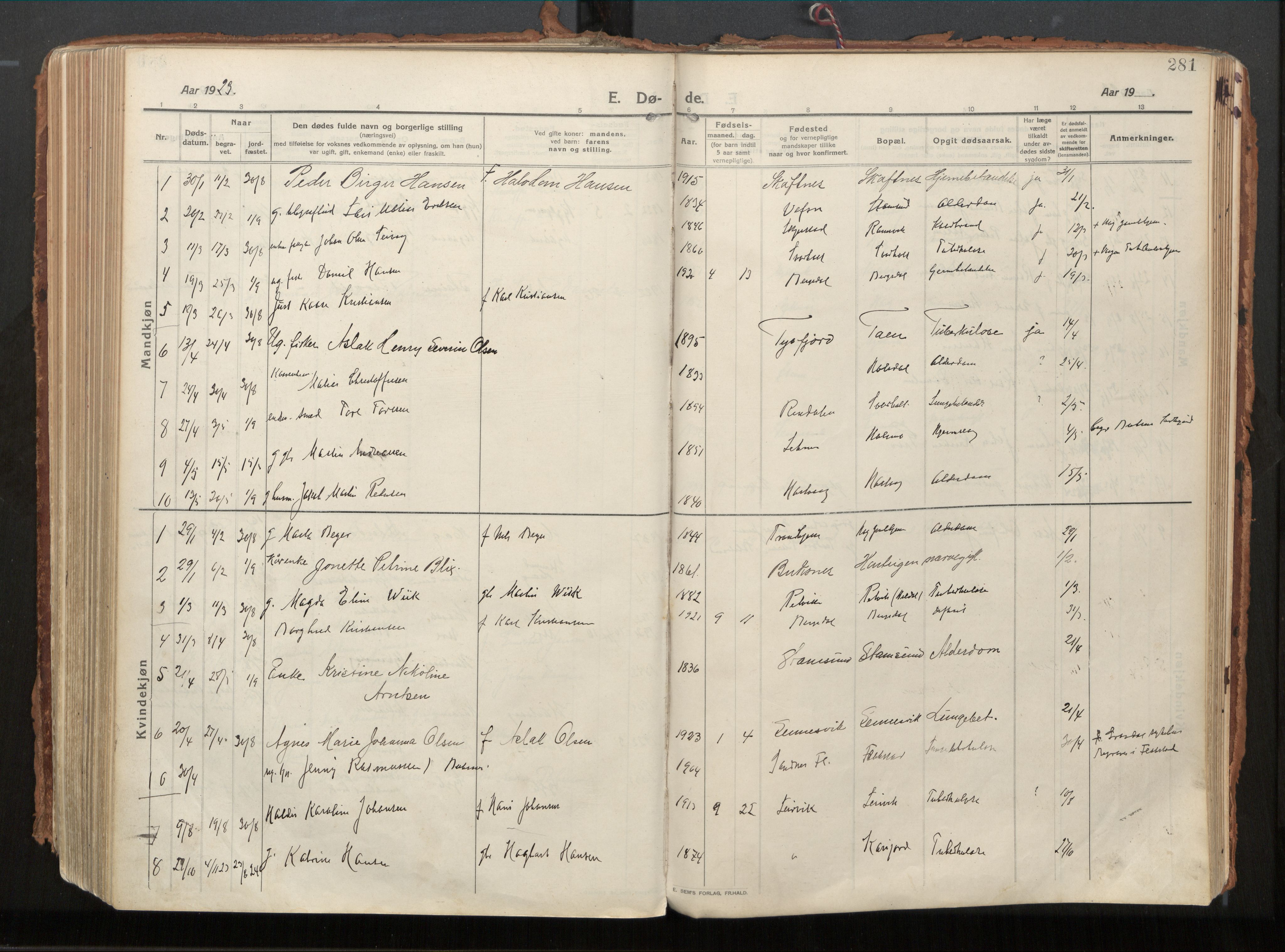 Ministerialprotokoller, klokkerbøker og fødselsregistre - Nordland, AV/SAT-A-1459/882/L1181: Parish register (official) no. 882A03, 1913-1937, p. 281