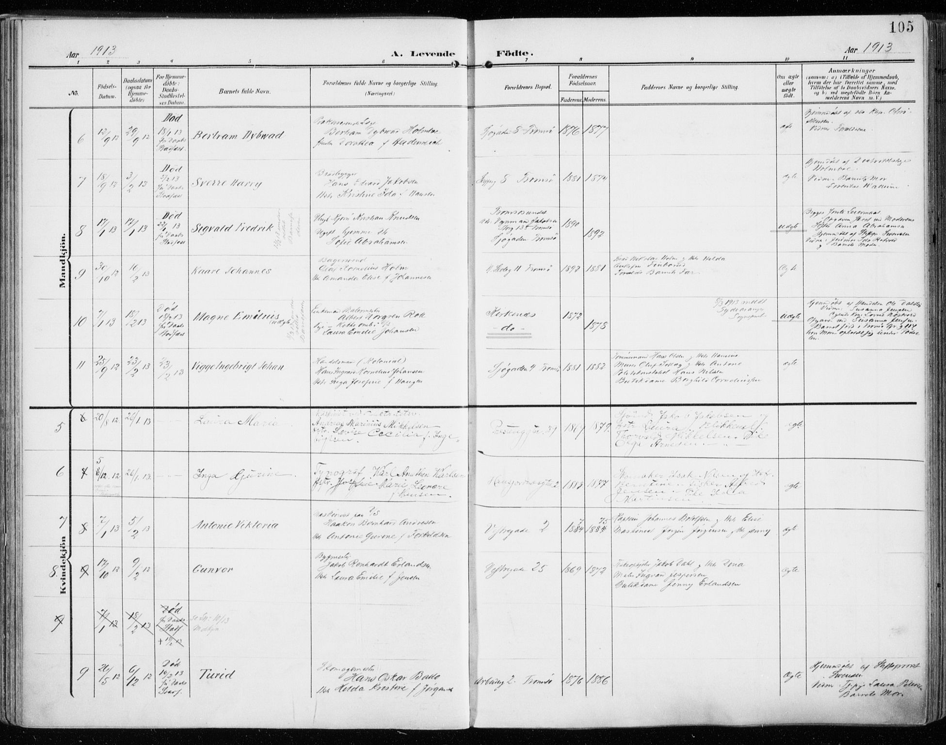 Tromsø sokneprestkontor/stiftsprosti/domprosti, AV/SATØ-S-1343/G/Ga/L0017kirke: Parish register (official) no. 17, 1907-1917, p. 105