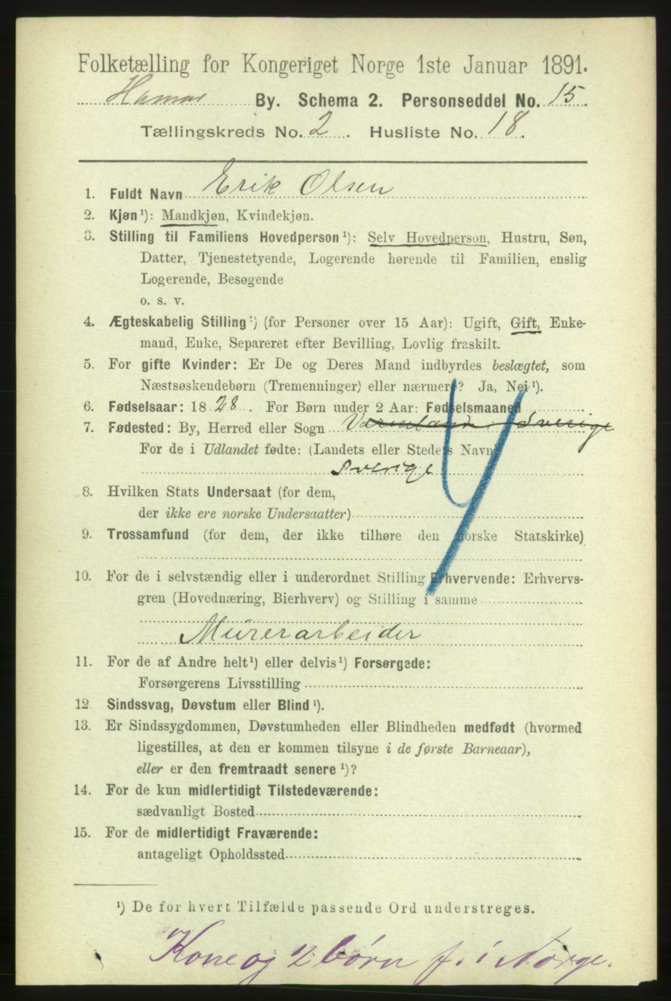 RA, 1891 census for 0401 Hamar, 1891, p. 1243