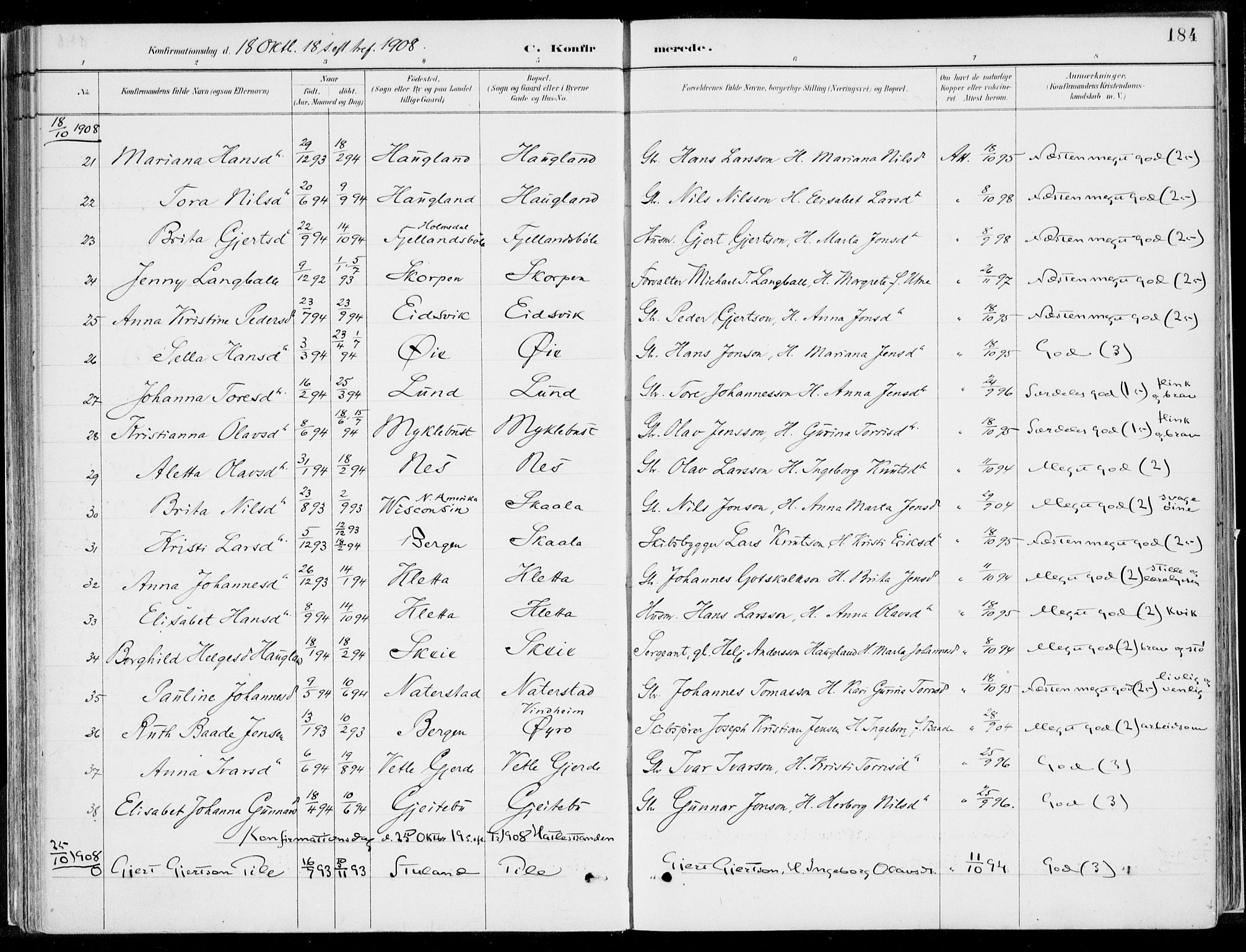 Kvinnherad sokneprestembete, SAB/A-76401/H/Haa: Parish register (official) no. B  1, 1887-1921, p. 184