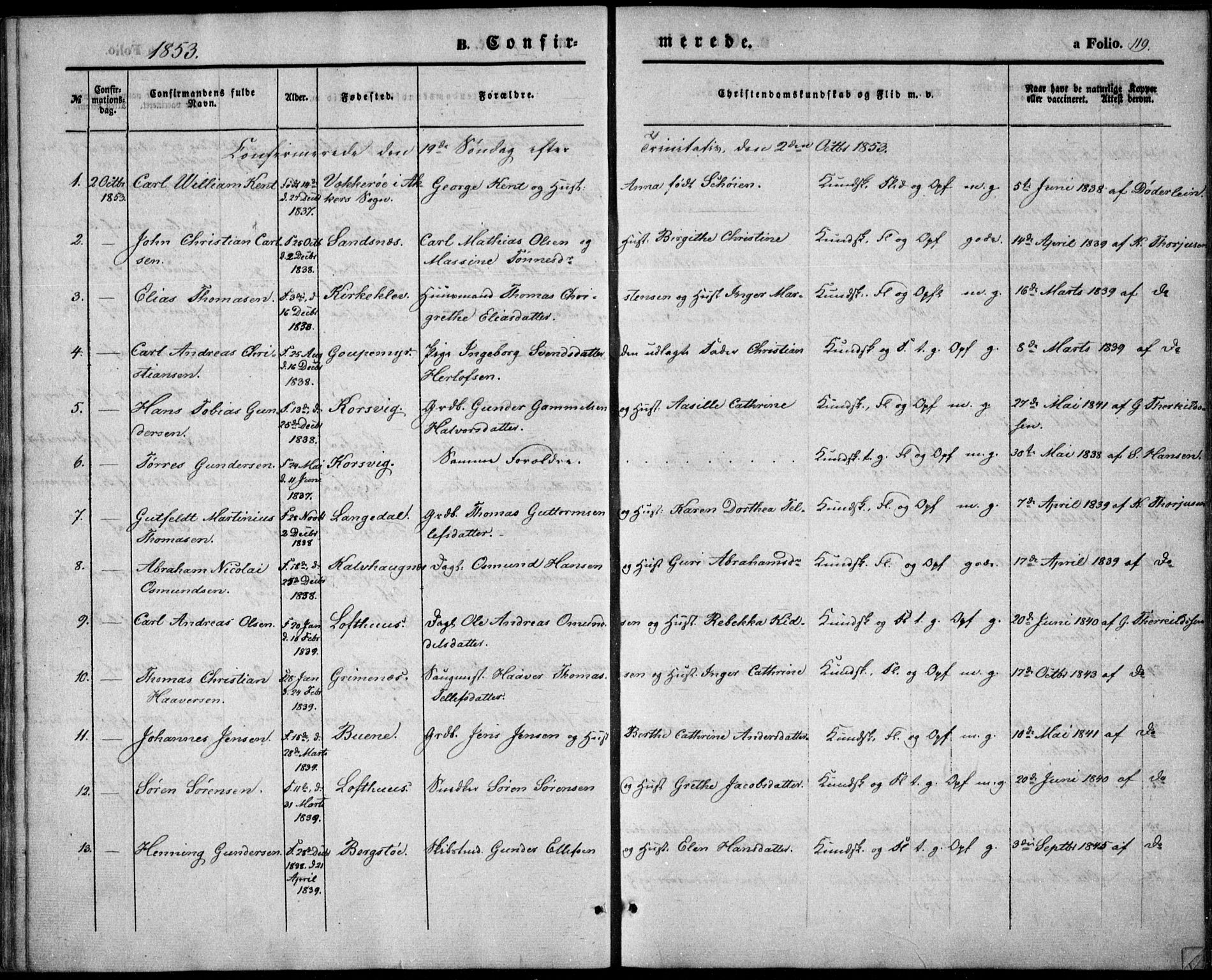 Vestre Moland sokneprestkontor, SAK/1111-0046/F/Fb/Fbb/L0003: Parish register (copy) no. B 3, 1851-1861, p. 119
