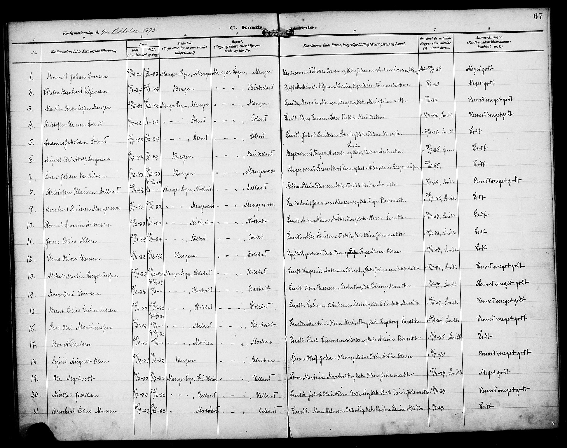 Manger sokneprestembete, SAB/A-76801/H/Haa: Parish register (official) no. B 2, 1893-1906, p. 67