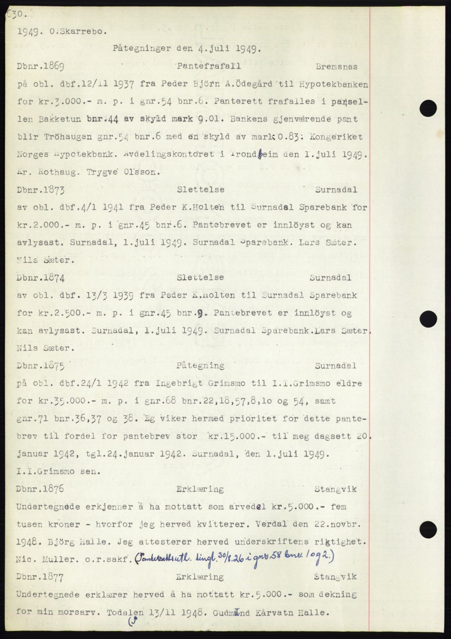 Nordmøre sorenskriveri, SAT/A-4132/1/2/2Ca: Mortgage book no. C82b, 1946-1951, Diary no: : 1869/1949