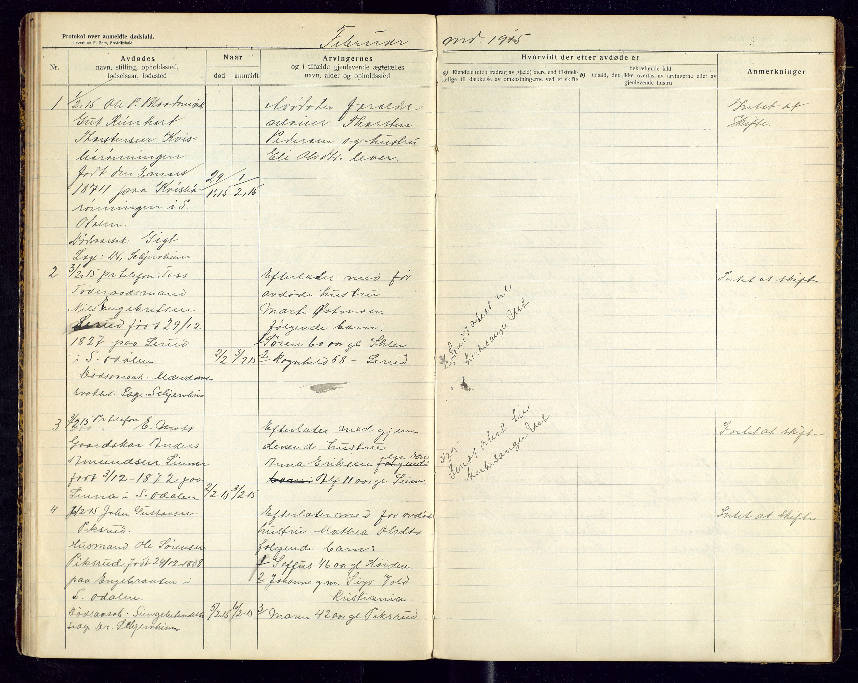 Sør-Odal lensmannskontor, AV/SAH-LHS-022/H/Hb/L0002/0001: Protokoller over anmeldte dødsfall / Protokoll over anmeldte dødsfall, 1913-1915