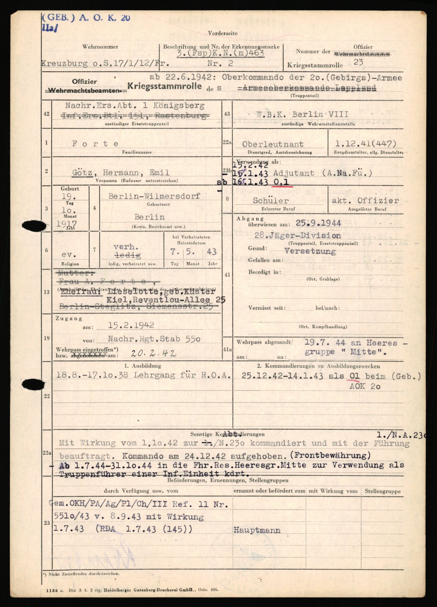 Forsvarets Overkommando. 2 kontor. Arkiv 11.4. Spredte tyske arkivsaker, AV/RA-RAFA-7031/D/Dar/Dara/L0018: Personalbøker, 1940-1945, p. 432