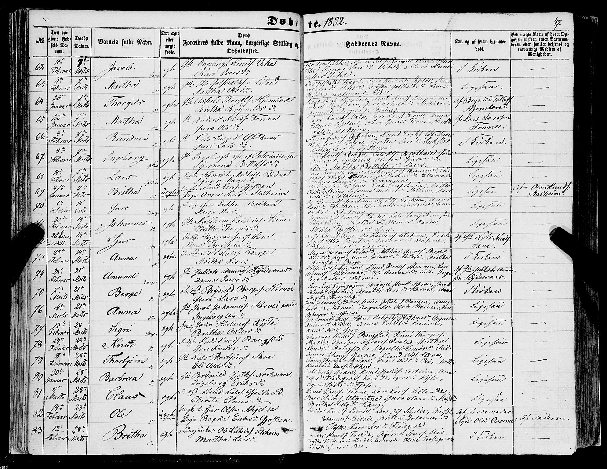 Voss sokneprestembete, SAB/A-79001/H/Haa: Parish register (official) no. A 16, 1849-1863, p. 47