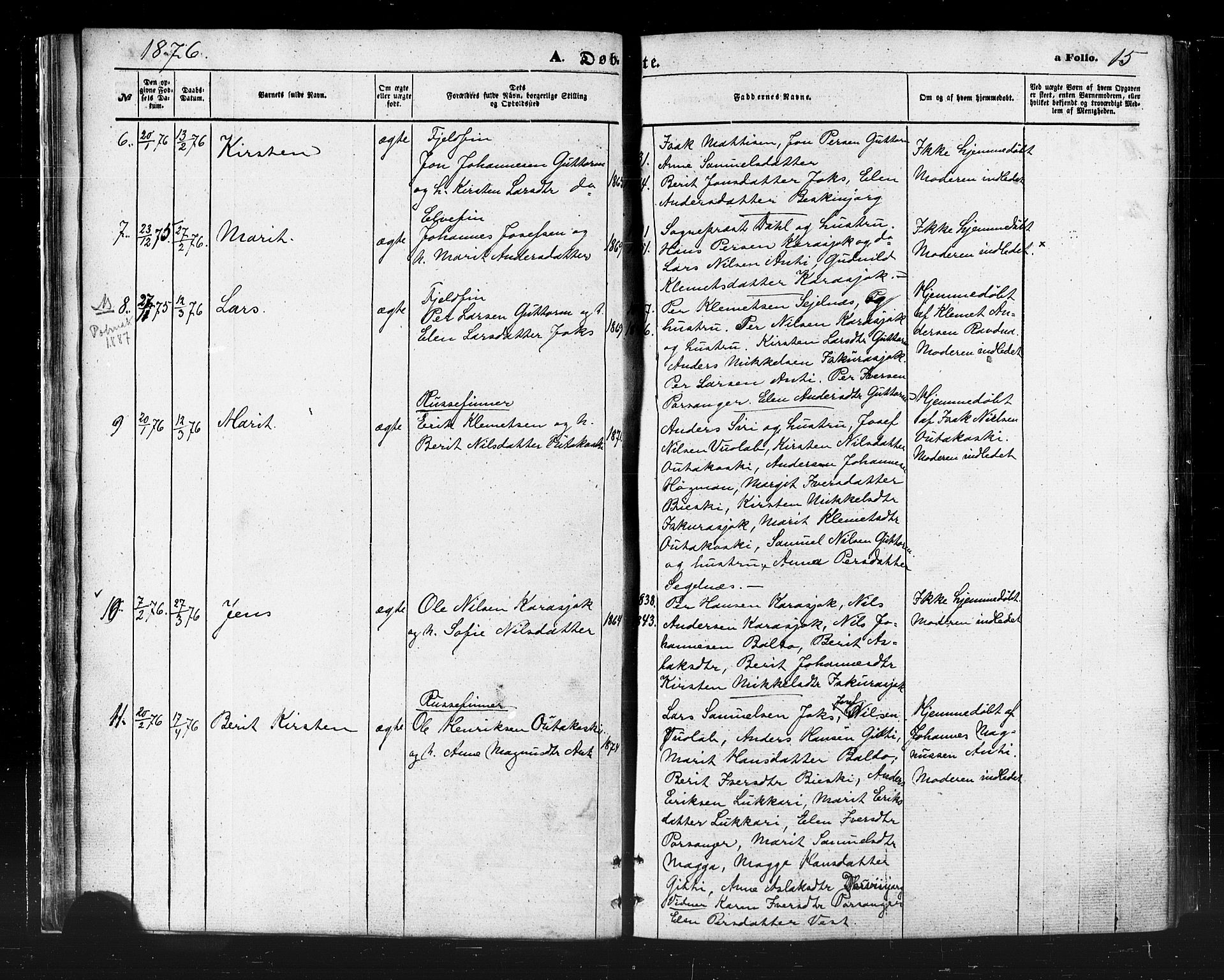 Karasjok sokneprestkontor, AV/SATØ-S-1352/H/Ha/L0001kirke: Parish register (official) no. 1, 1872-1884, p. 15