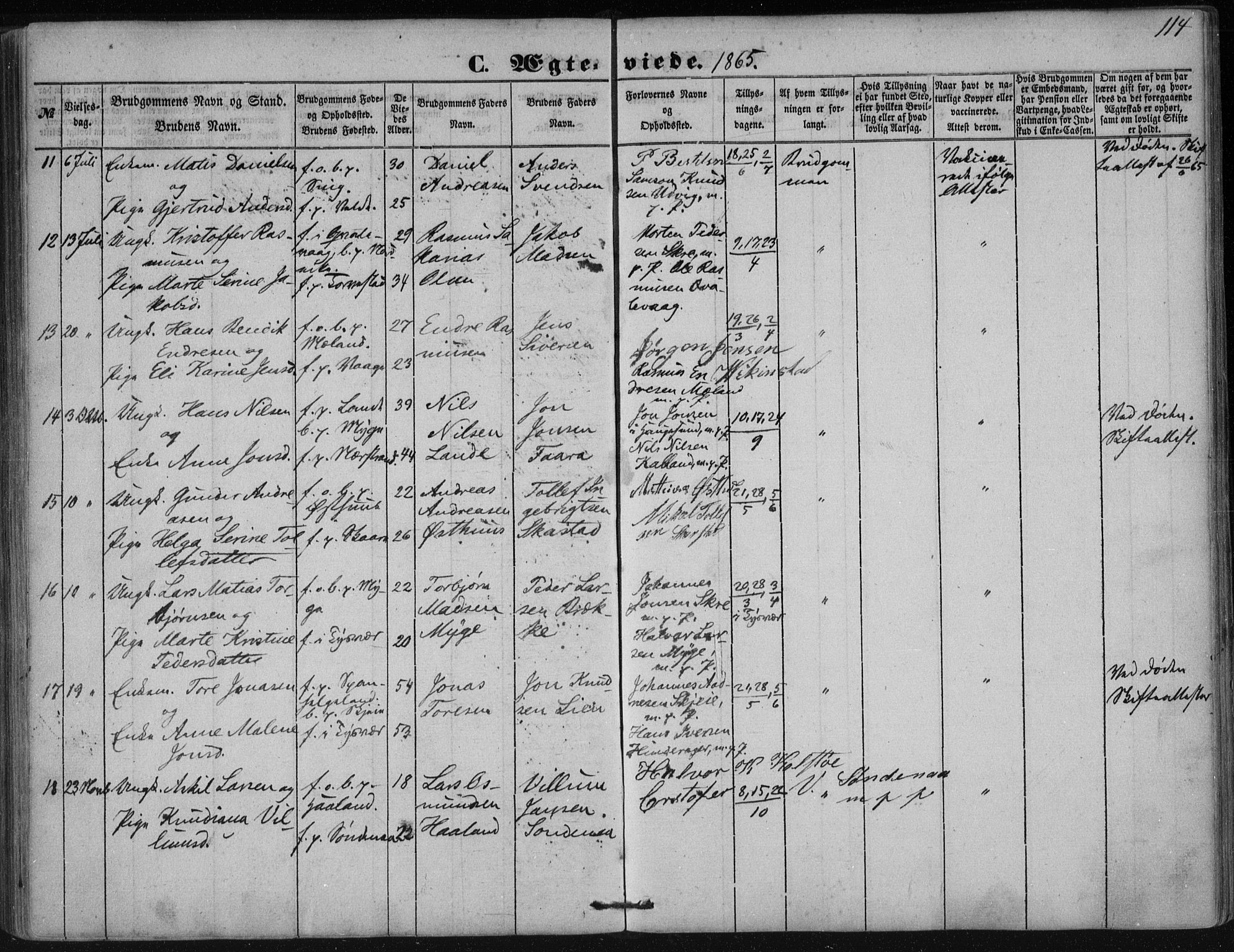 Avaldsnes sokneprestkontor, SAST/A -101851/H/Ha/Haa/L0009: Parish register (official) no. A 9, 1853-1865, p. 114