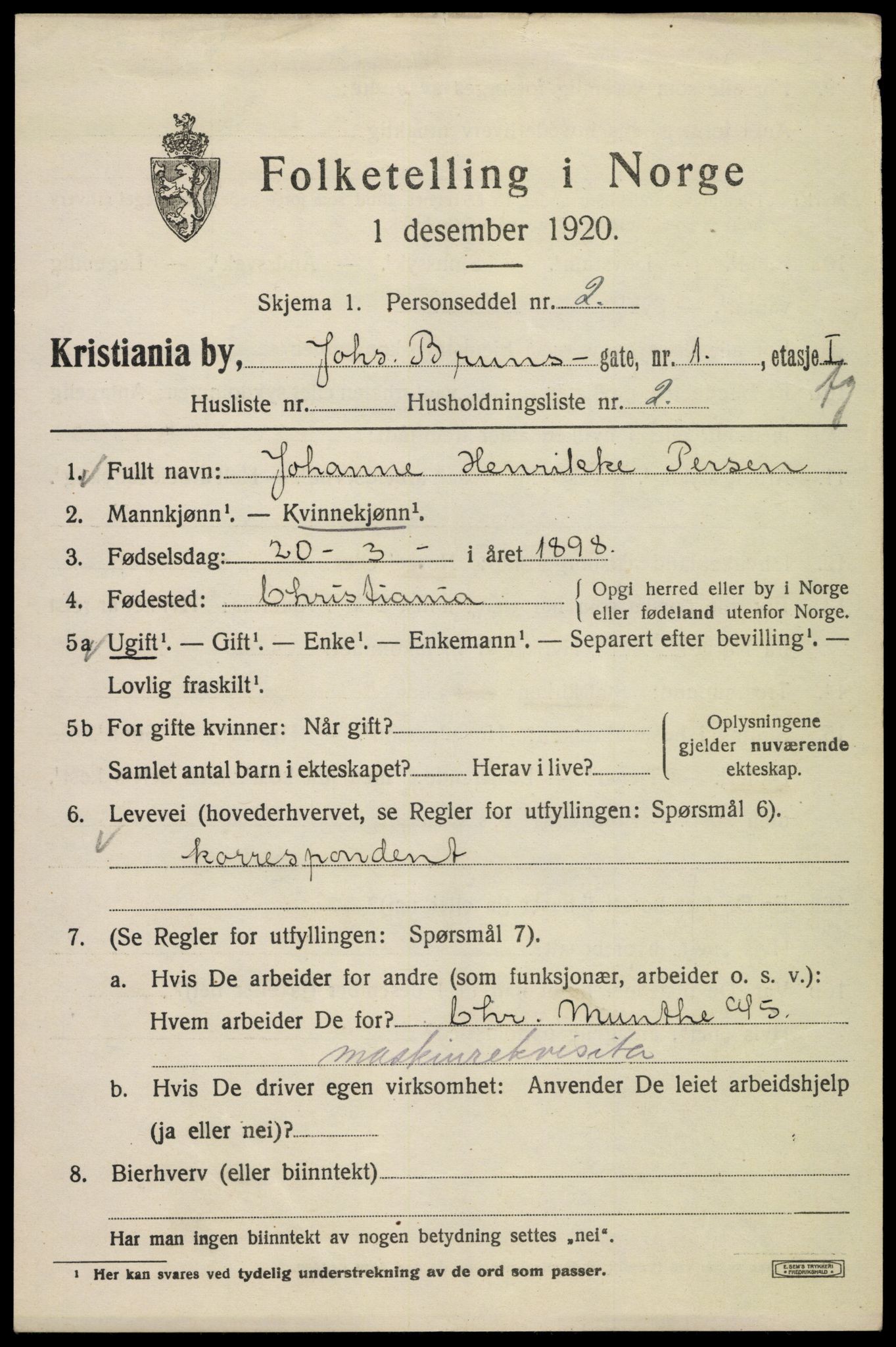 SAO, 1920 census for Kristiania, 1920, p. 323485