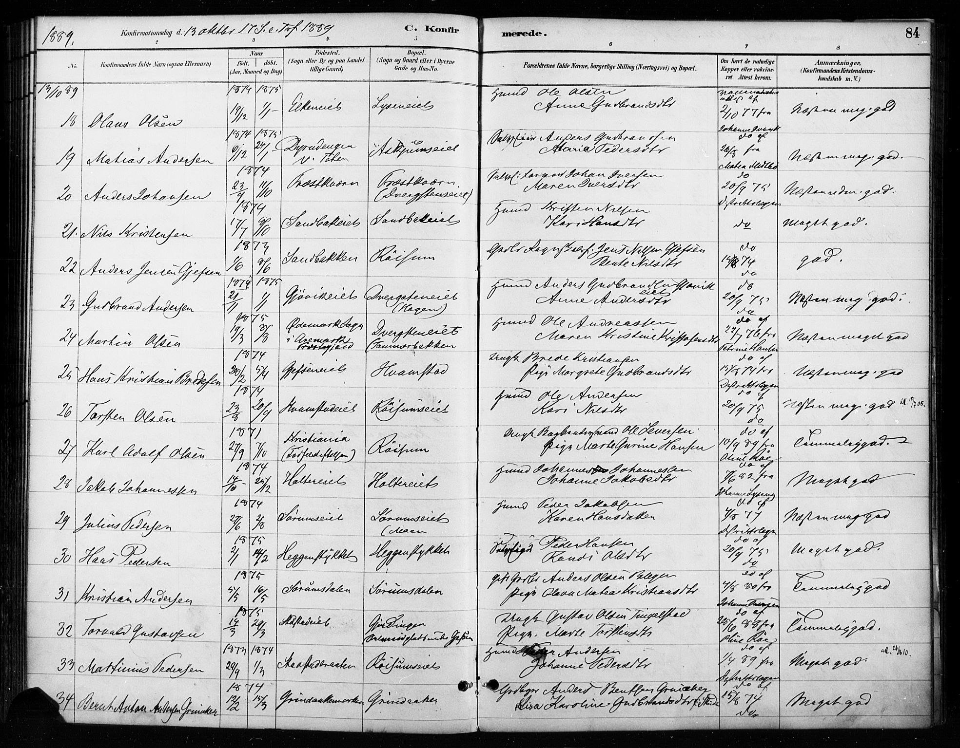 Gran prestekontor, AV/SAH-PREST-112/H/Ha/Haa/L0018: Parish register (official) no. 18, 1889-1899, p. 84