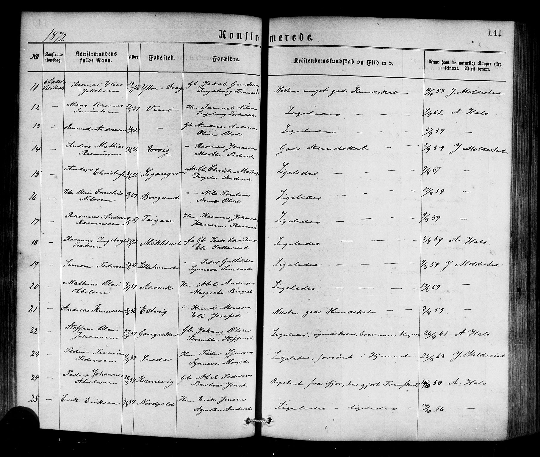 Selje sokneprestembete, SAB/A-99938/H/Ha/Haa/Haaa: Parish register (official) no. A 12, 1870-1880, p. 141