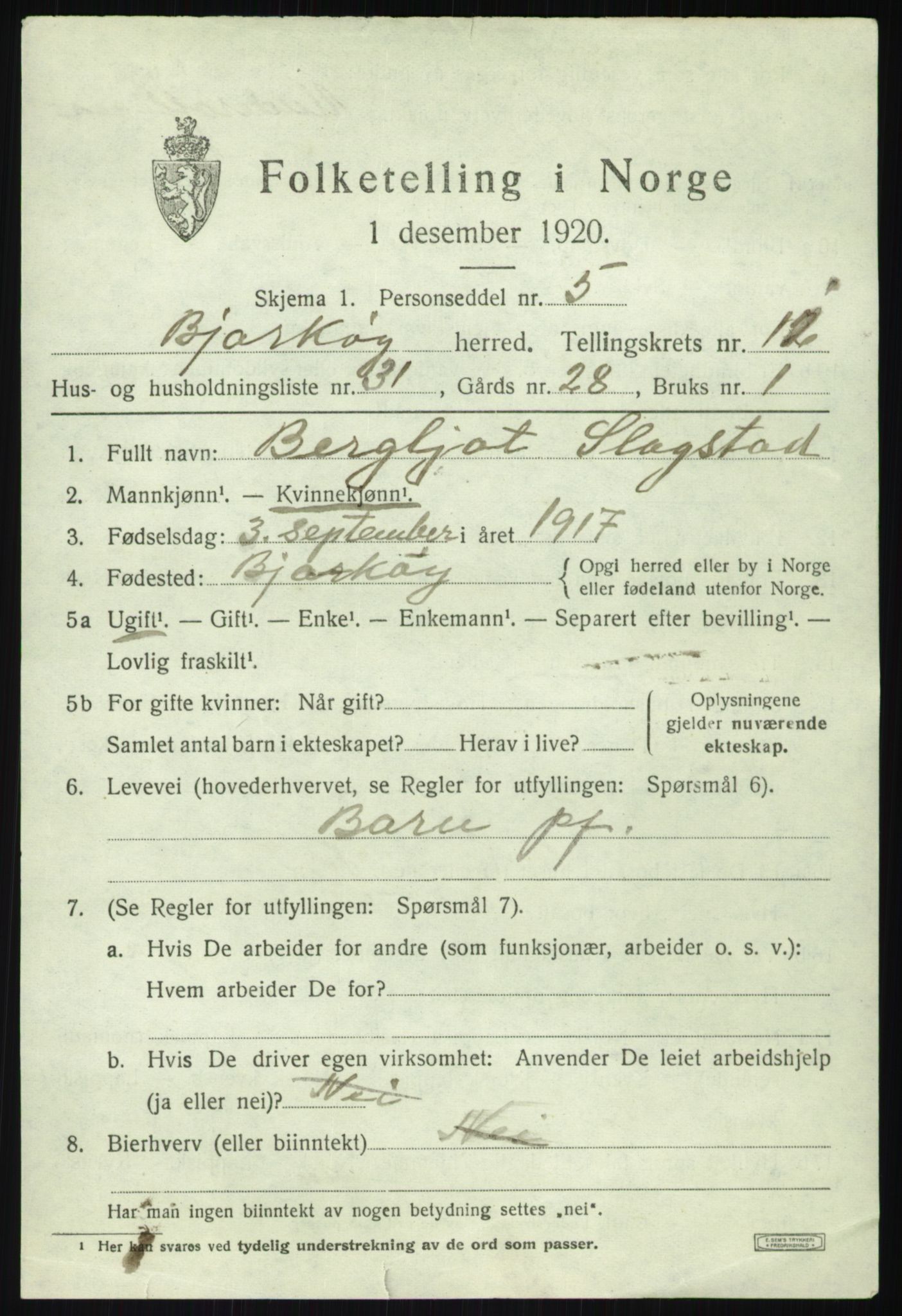 SATØ, 1920 census for Bjarkøy, 1920, p. 4671