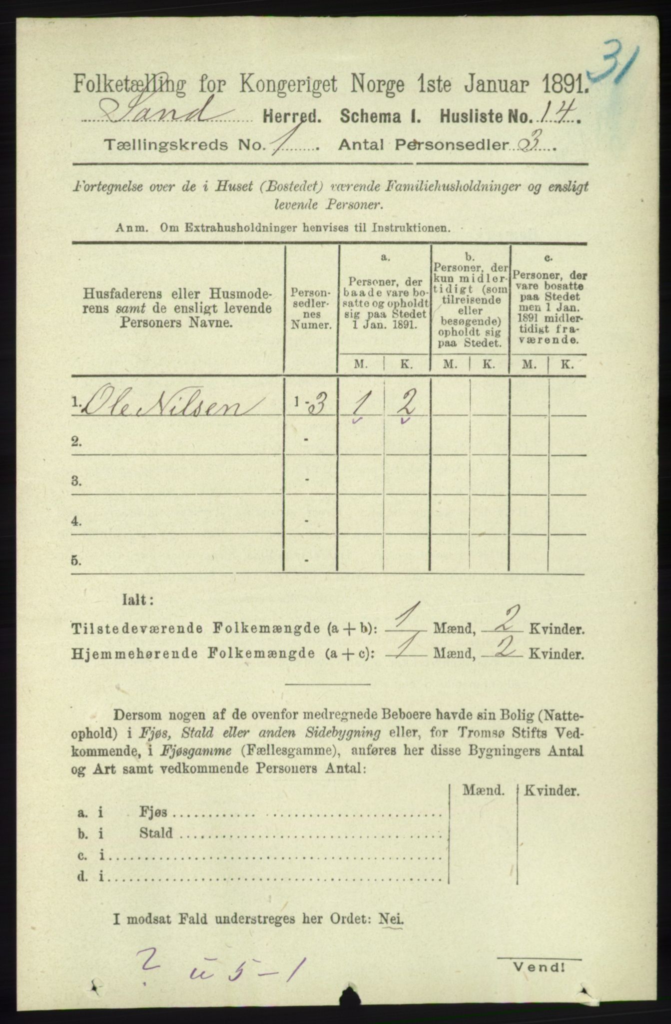 RA, 1891 census for 1136 Sand, 1891, p. 29