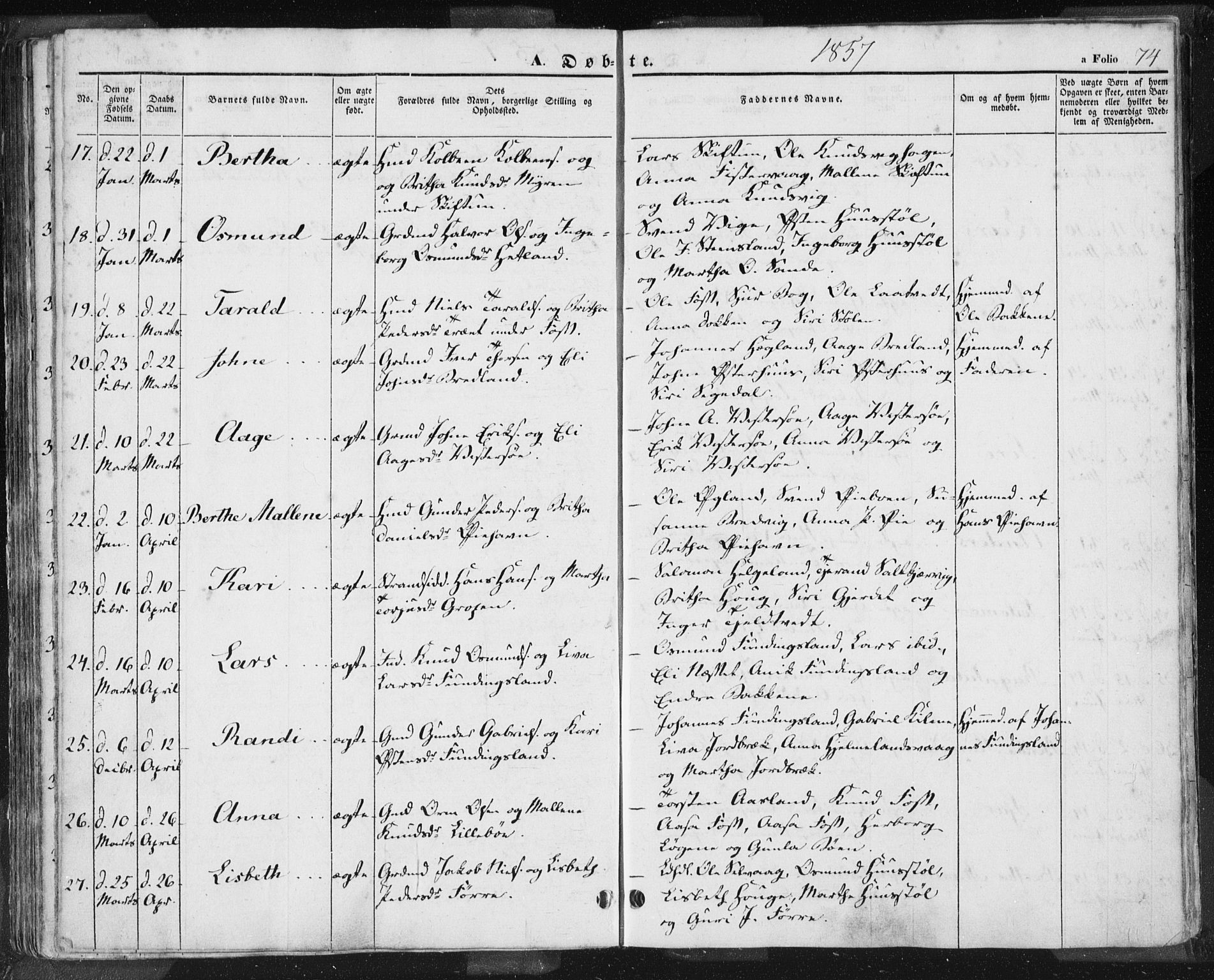 Hjelmeland sokneprestkontor, AV/SAST-A-101843/01/IV/L0009: Parish register (official) no. A 9, 1846-1860, p. 74