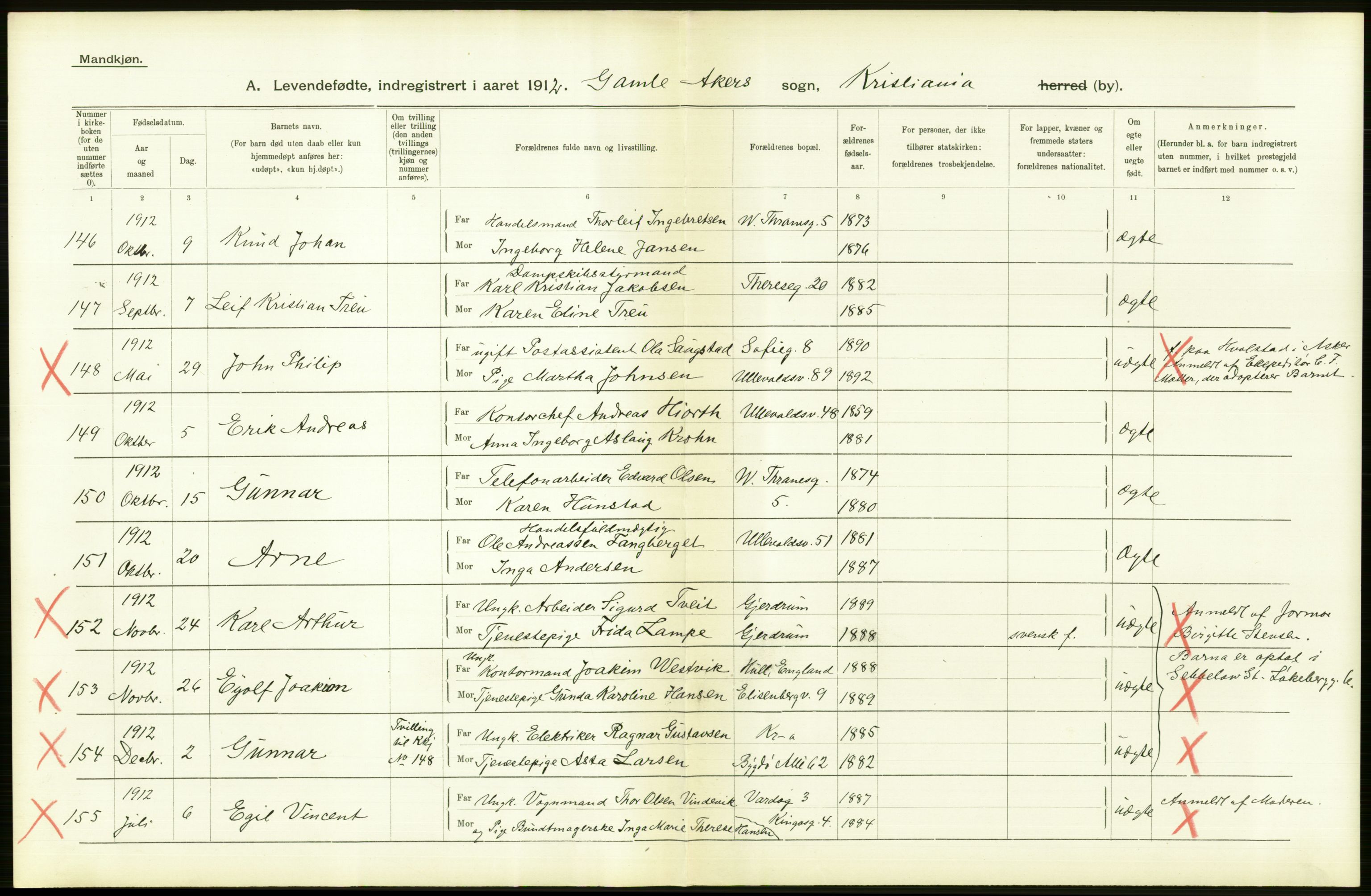 Statistisk sentralbyrå, Sosiodemografiske emner, Befolkning, RA/S-2228/D/Df/Dfb/Dfbb/L0007: Kristiania:  Levendefødte menn og kvinner., 1912, p. 494