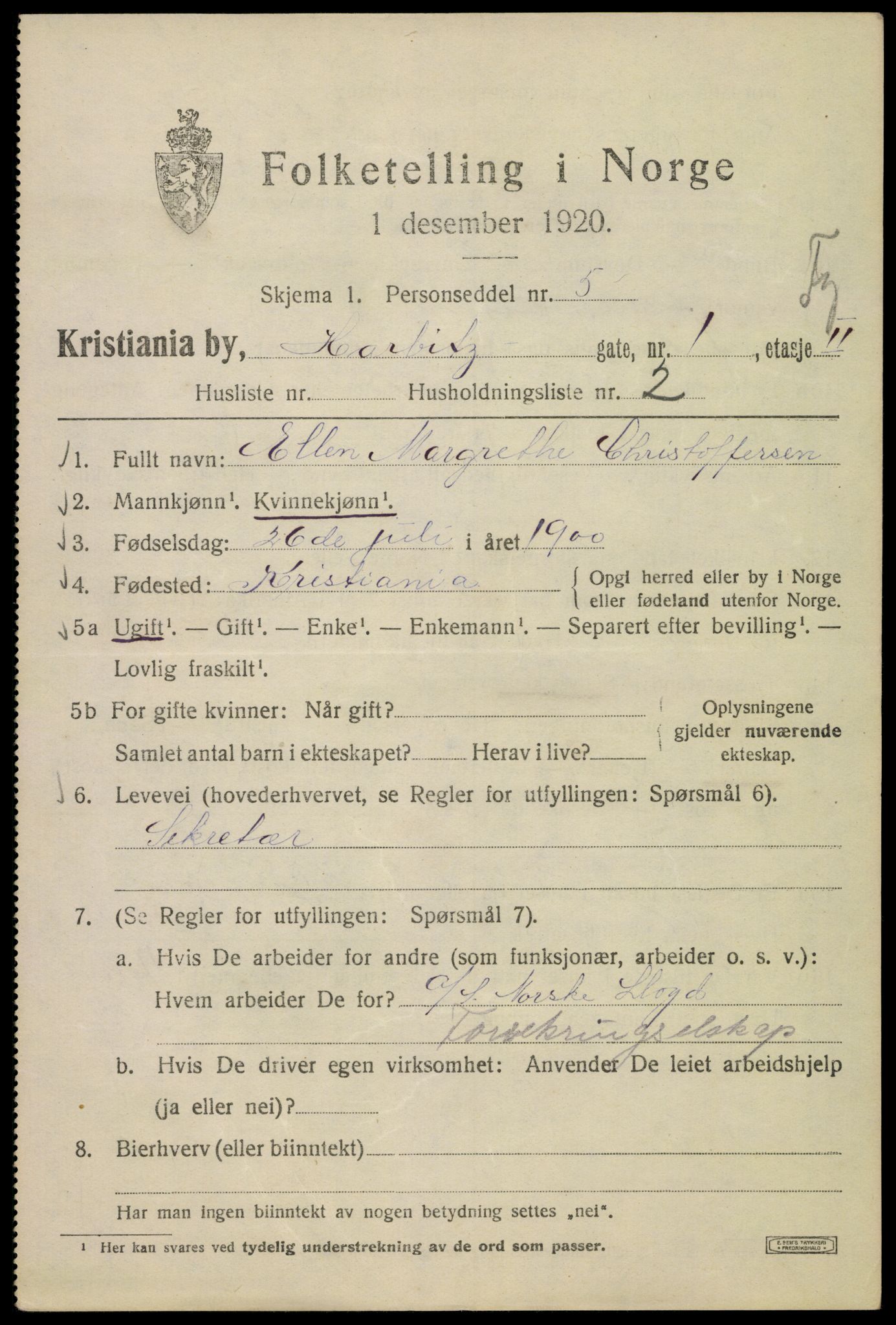 SAO, 1920 census for Kristiania, 1920, p. 271113