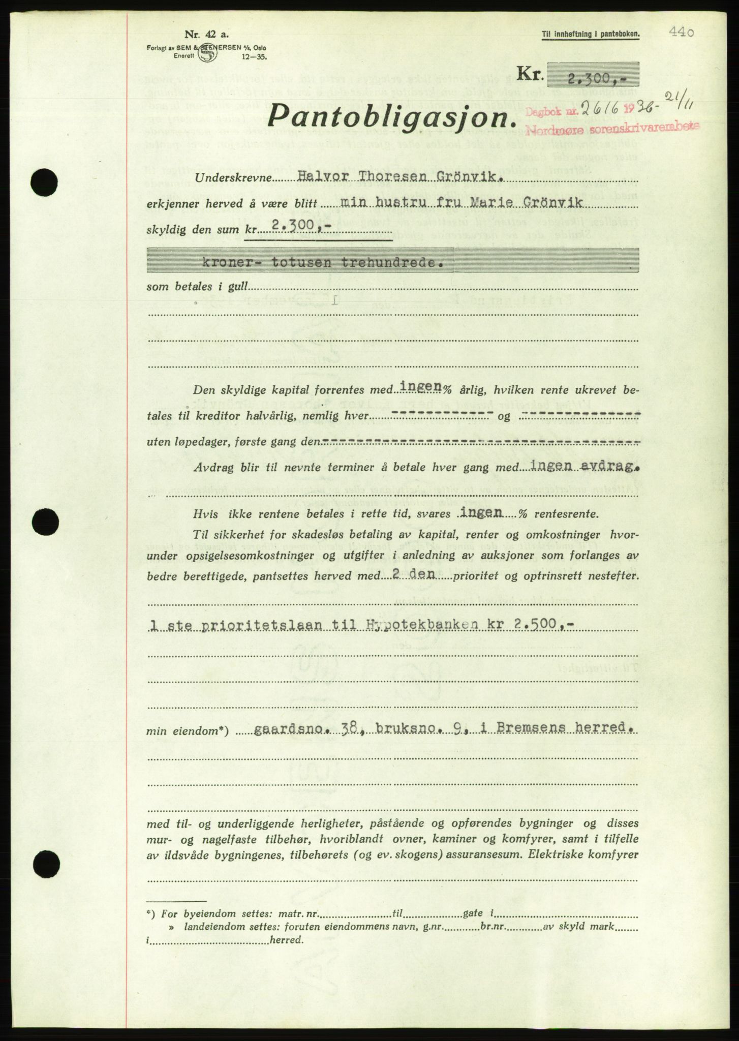 Nordmøre sorenskriveri, AV/SAT-A-4132/1/2/2Ca/L0090: Mortgage book no. B80, 1936-1937, Diary no: : 2616/1936